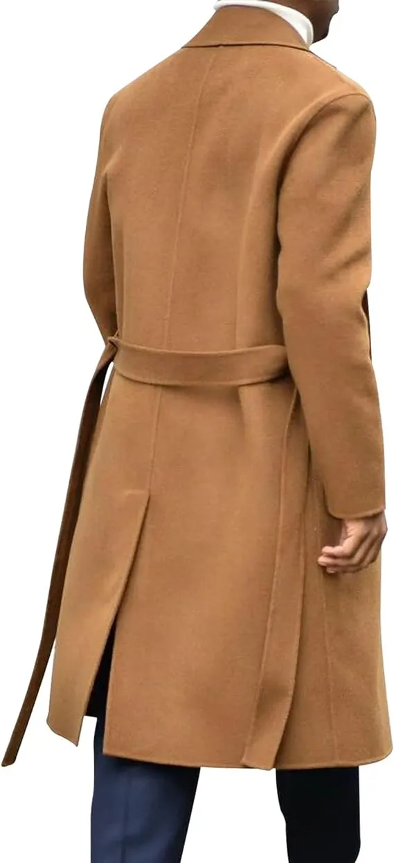 Men's Italia Belted Long Sleeve Camel Winter Pea Coat