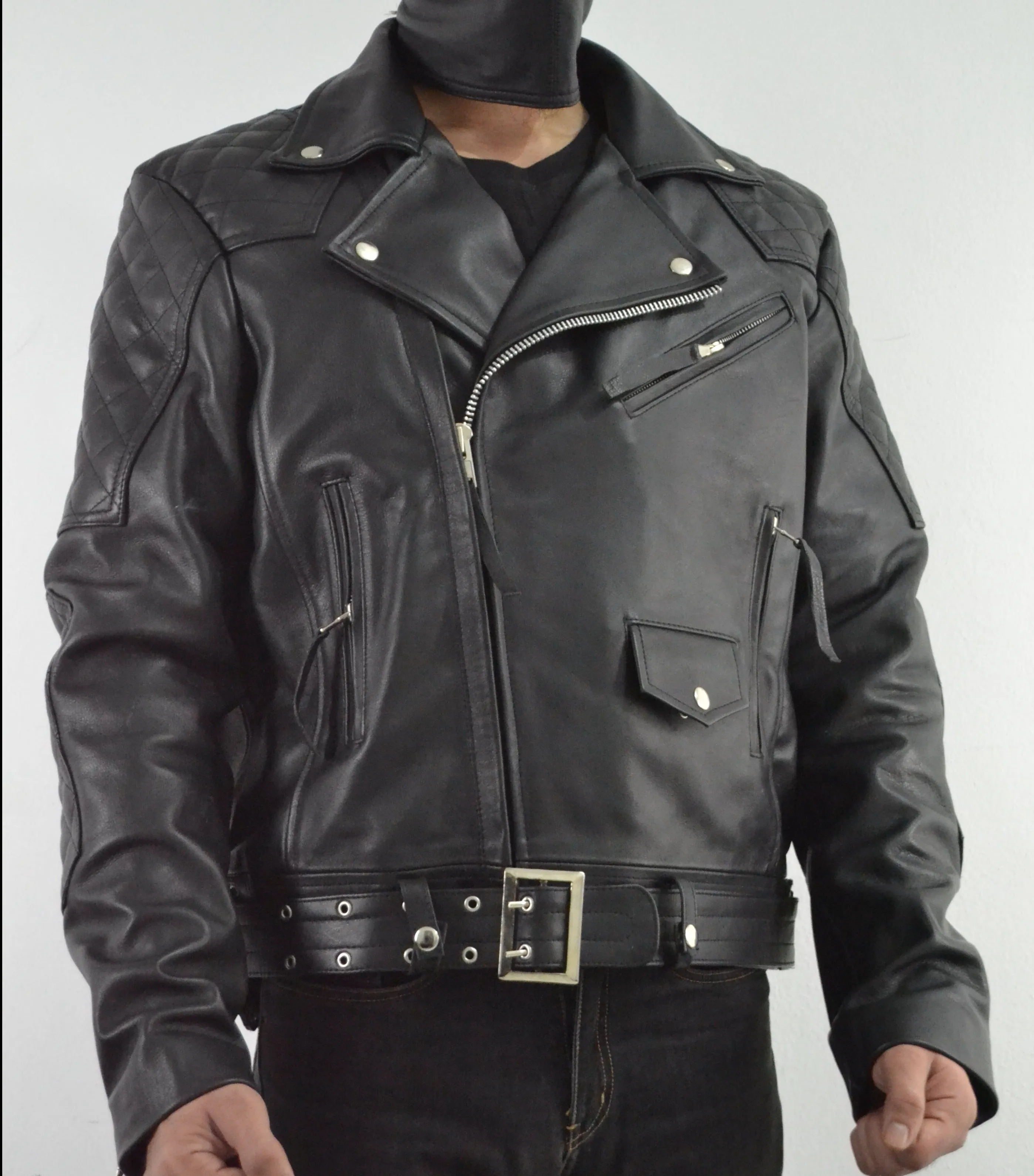 Mens Quilted Side Lace up Leather Biker Jacket