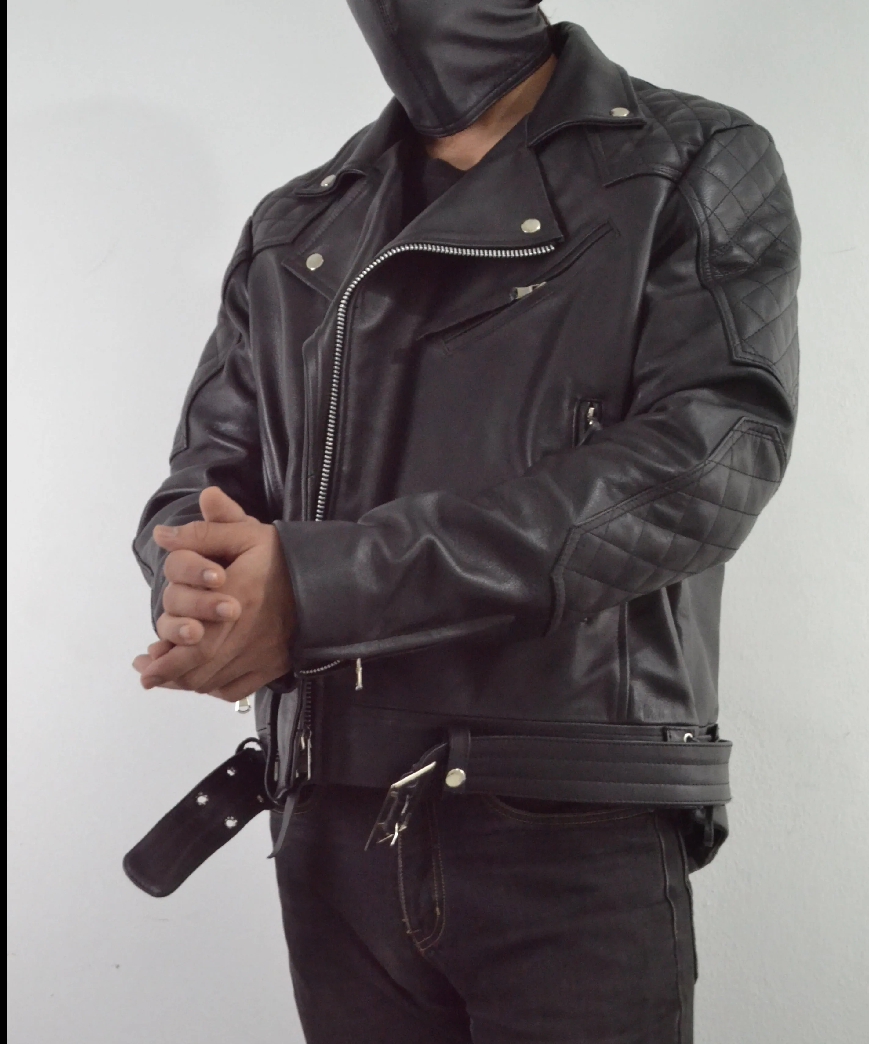 Mens Quilted Side Lace up Leather Biker Jacket