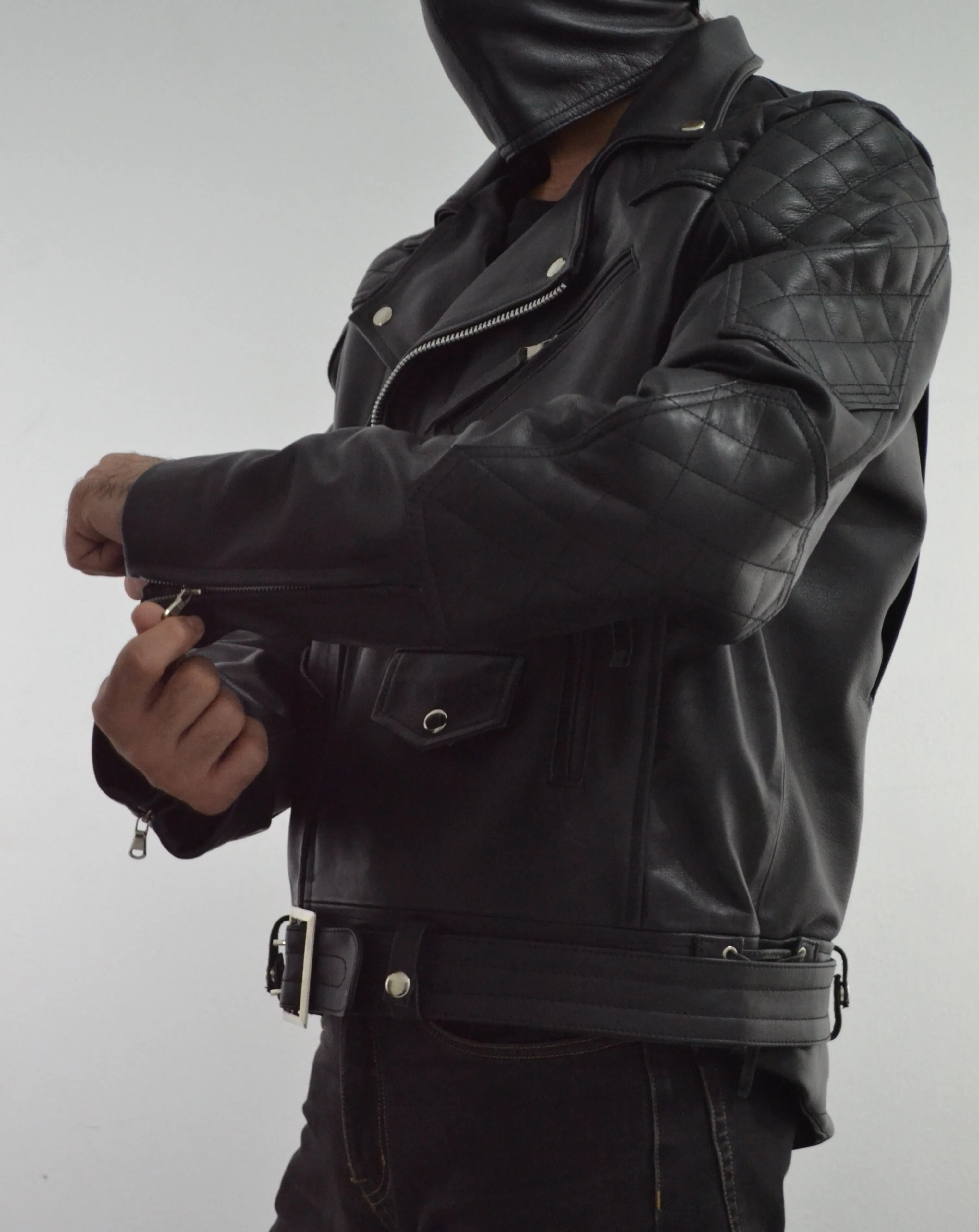 Mens Quilted Side Lace up Leather Biker Jacket