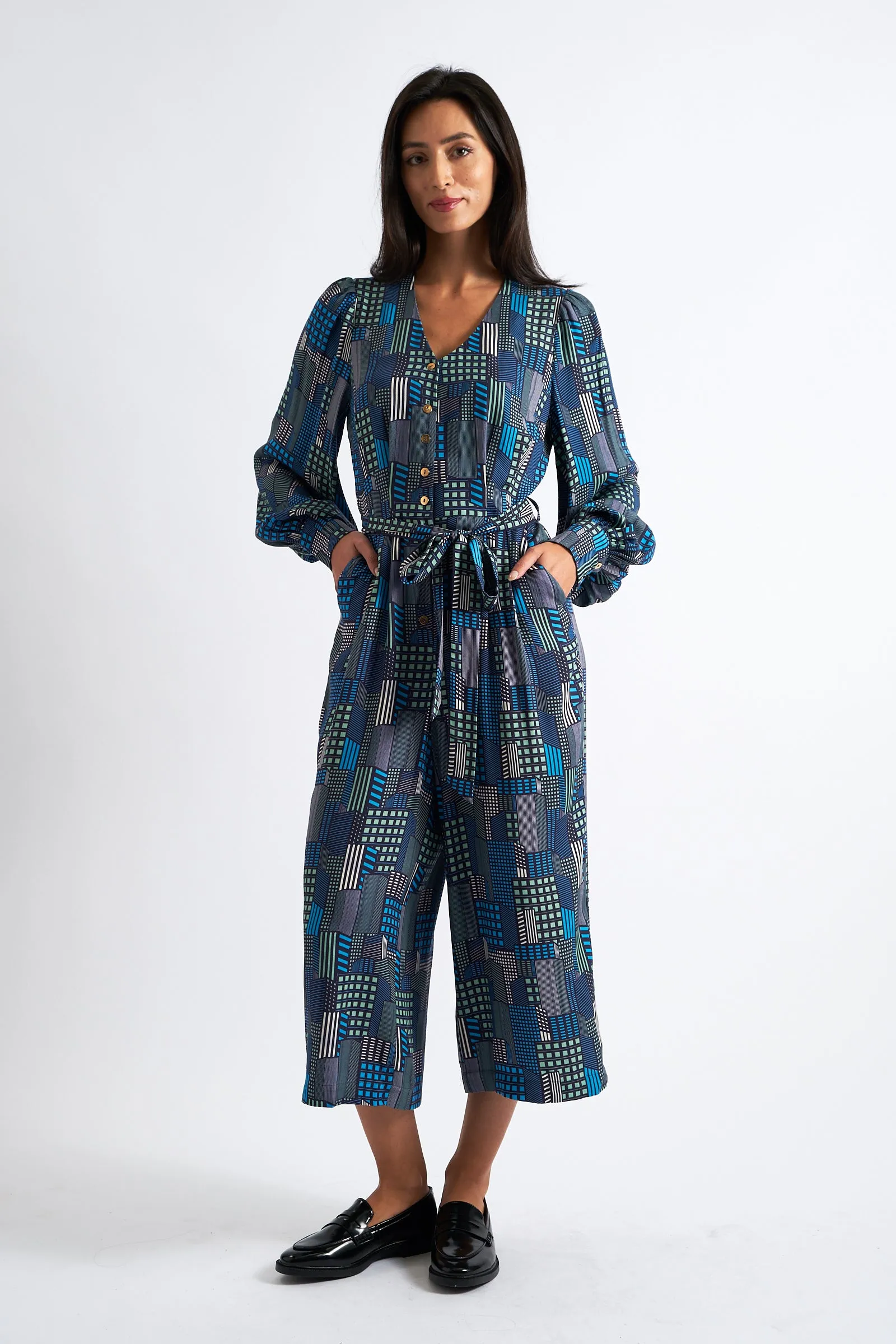 Moski Geo City Print Long Sleeve Jumpsuit