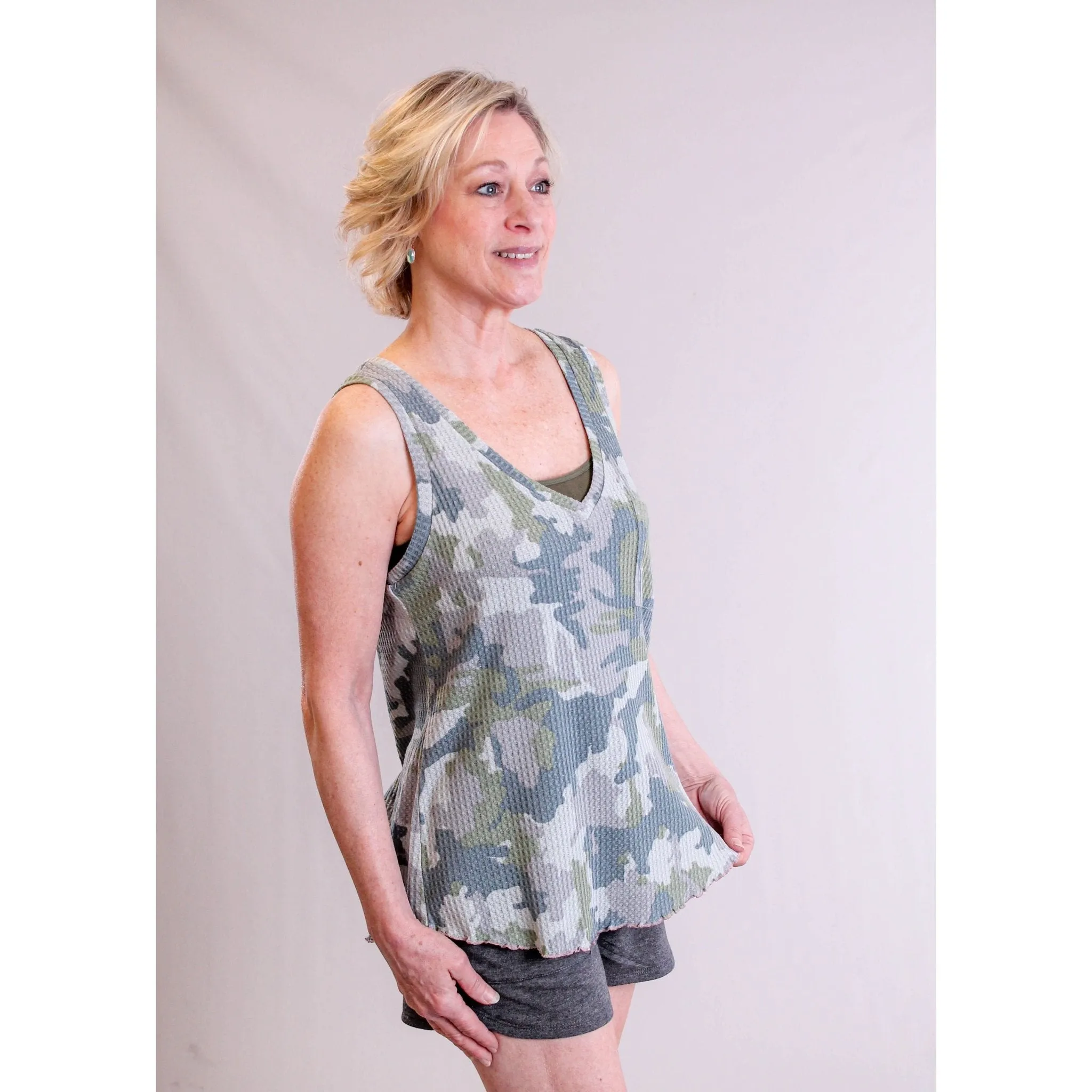 Mystree Waffle Knit Camo Tank Top with V Neck