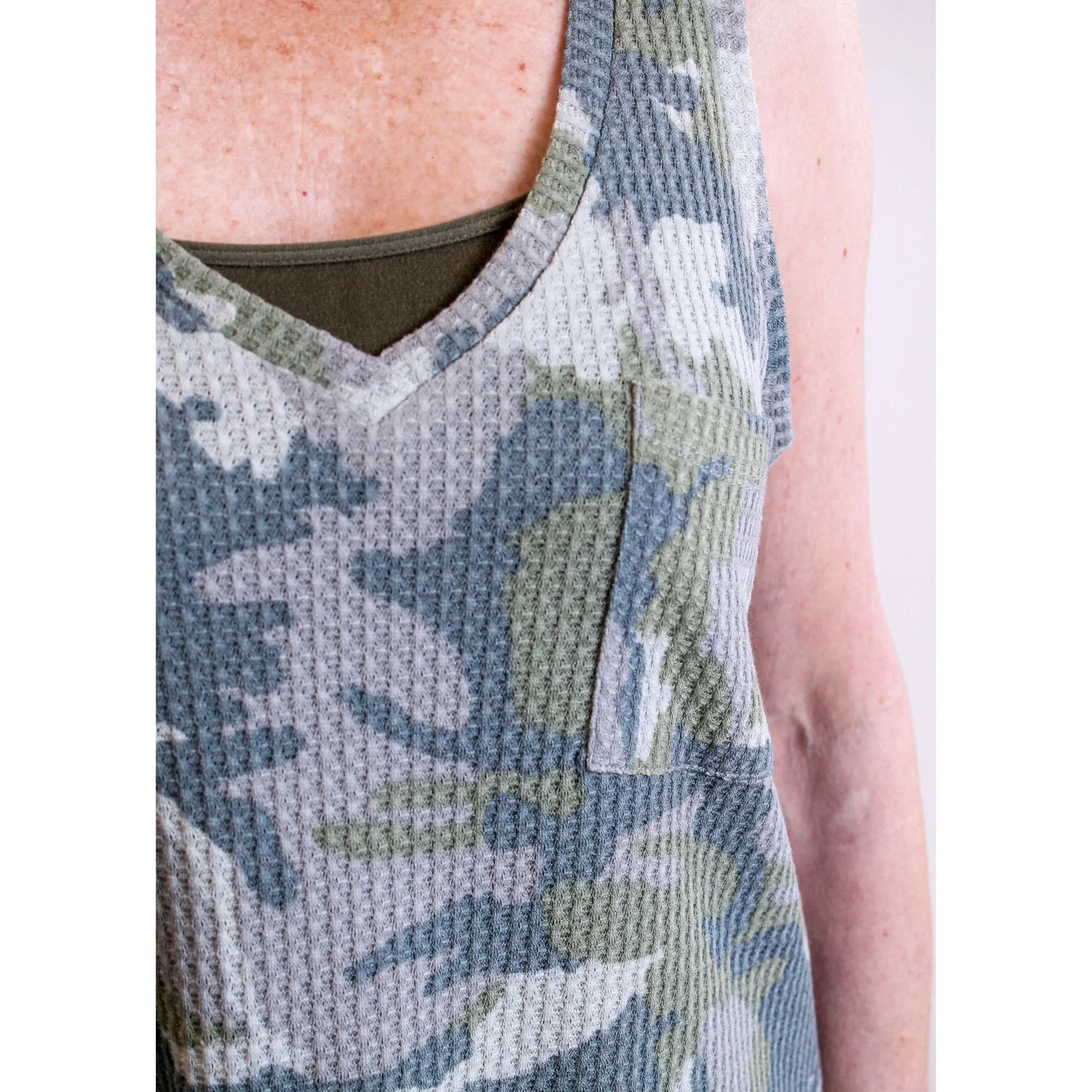 Mystree Waffle Knit Camo Tank Top with V Neck