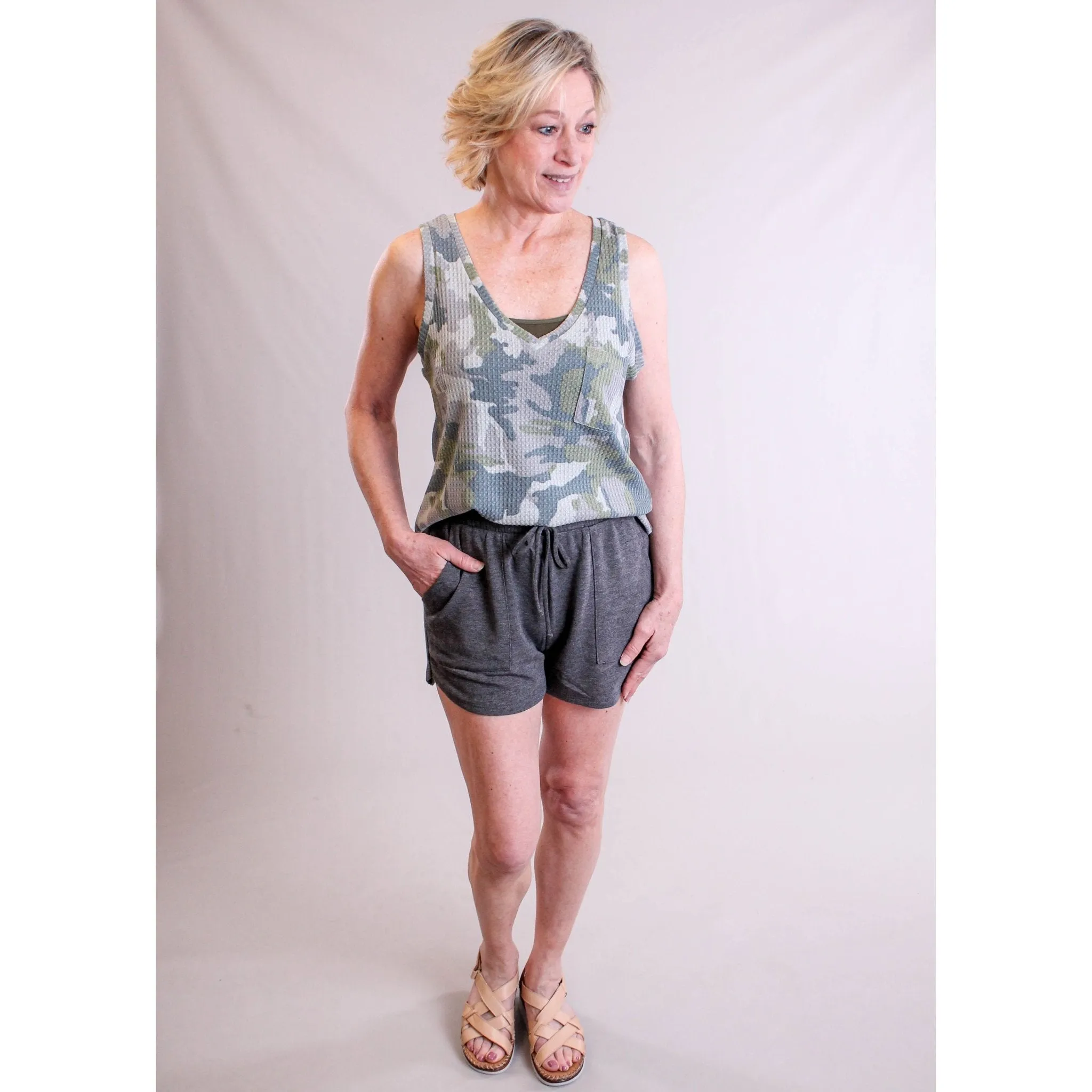 Mystree Waffle Knit Camo Tank Top with V Neck