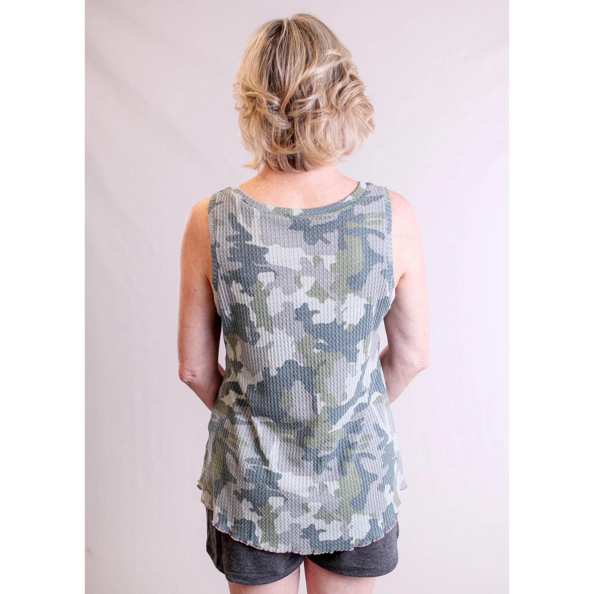 Mystree Waffle Knit Camo Tank Top with V Neck