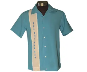 Nifty50's Havana One Panel Diamond Design Men's Retro Bowling Shirt Aqua/White