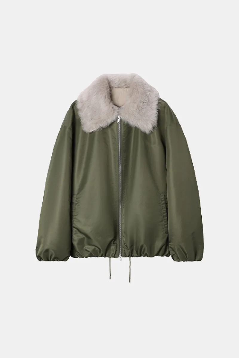 Oversized Water Repellent Bomber Puffer Coat with Toscana Shearling Collar