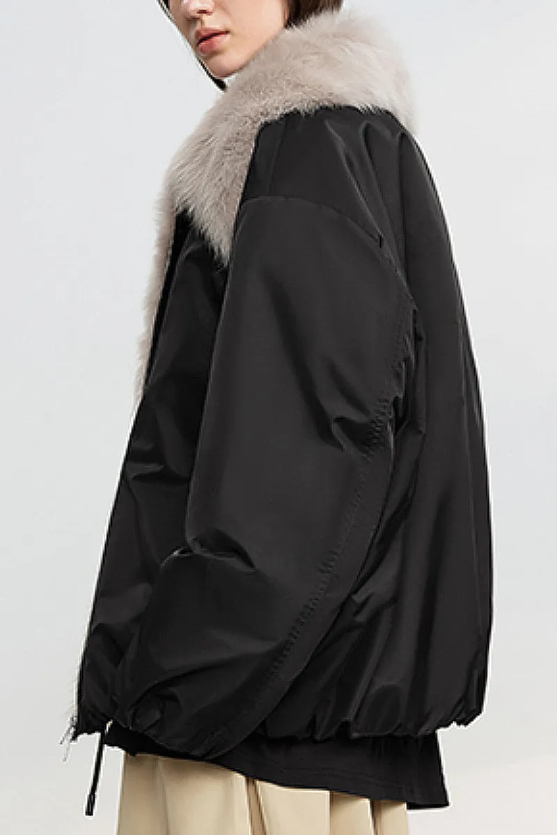 Oversized Water Repellent Bomber Puffer Coat with Toscana Shearling Collar