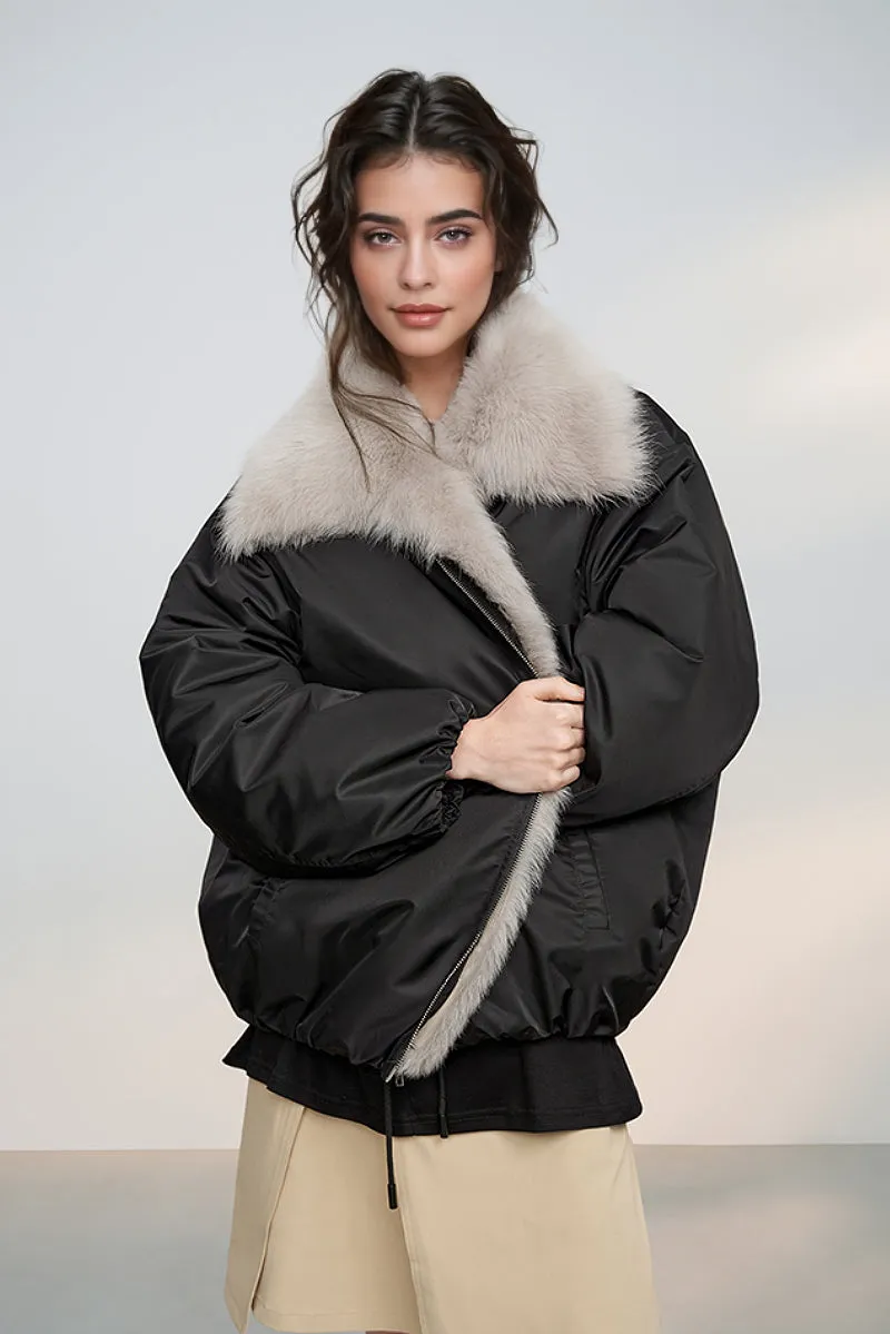 Oversized Water Repellent Bomber Puffer Coat with Toscana Shearling Collar
