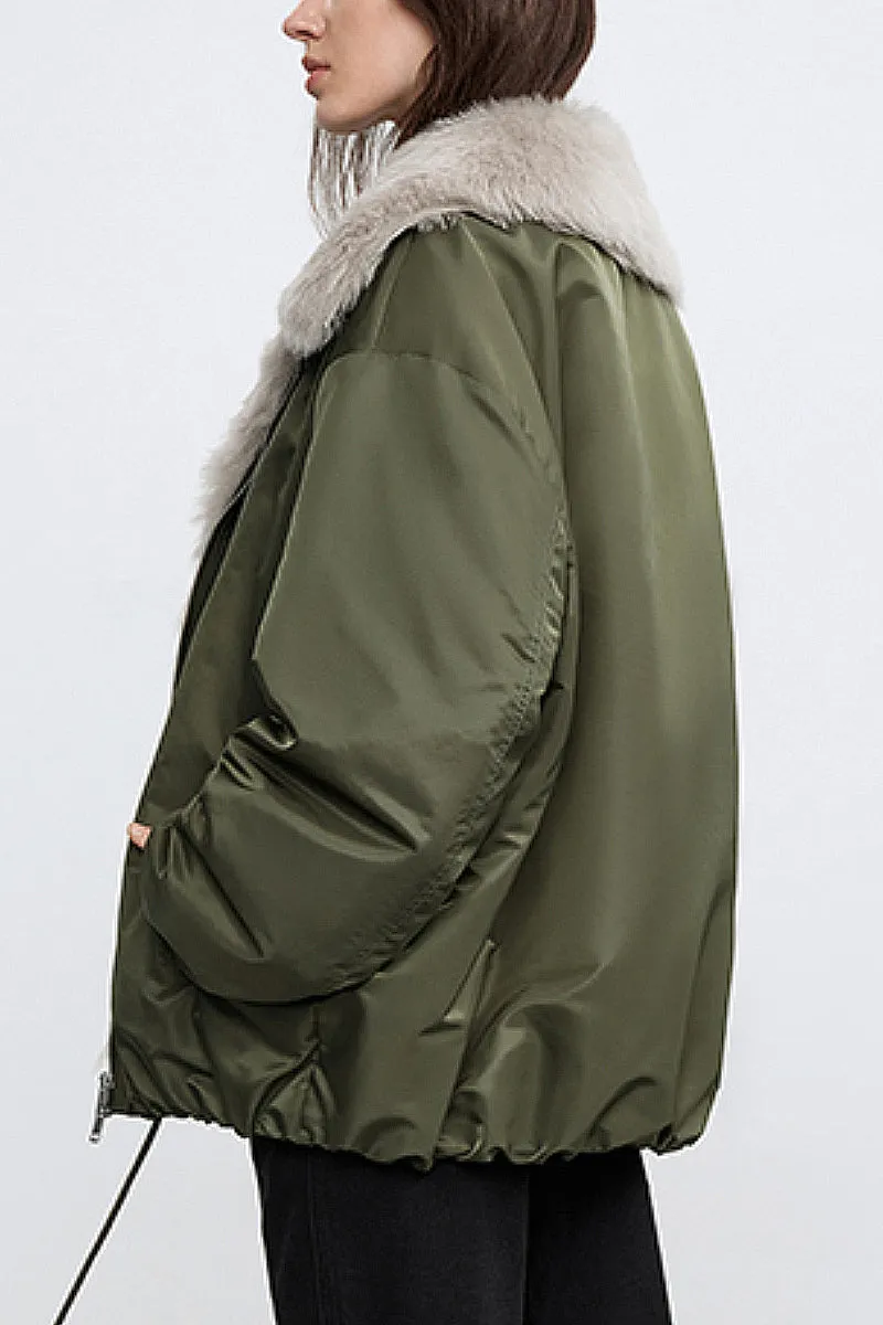 Oversized Water Repellent Bomber Puffer Coat with Toscana Shearling Collar