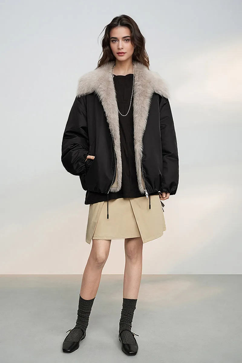 Oversized Water Repellent Bomber Puffer Coat with Toscana Shearling Collar