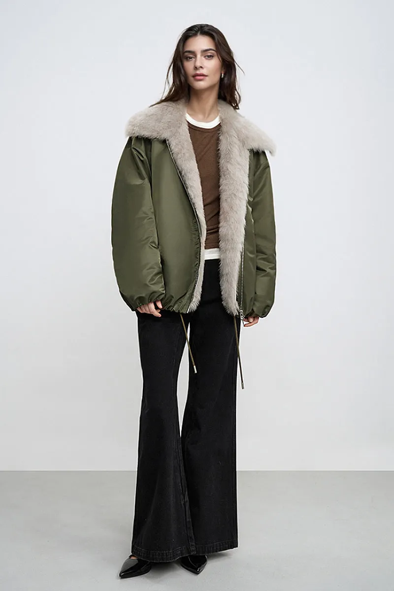 Oversized Water Repellent Bomber Puffer Coat with Toscana Shearling Collar