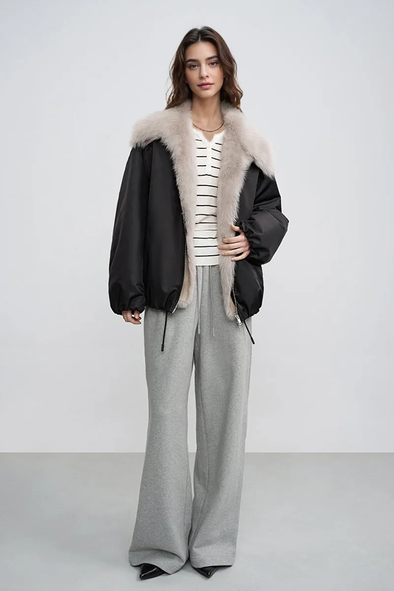 Oversized Water Repellent Bomber Puffer Coat with Toscana Shearling Collar