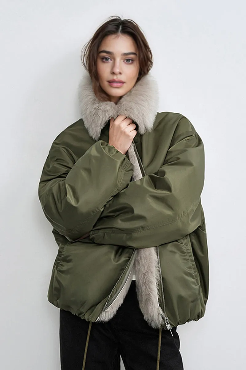 Oversized Water Repellent Bomber Puffer Coat with Toscana Shearling Collar