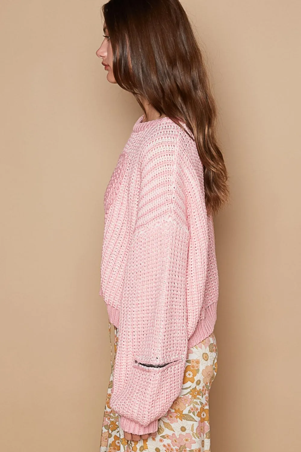 PINK CABLE KNIT OVERSIZED HEART SPRING SWEATER by POL