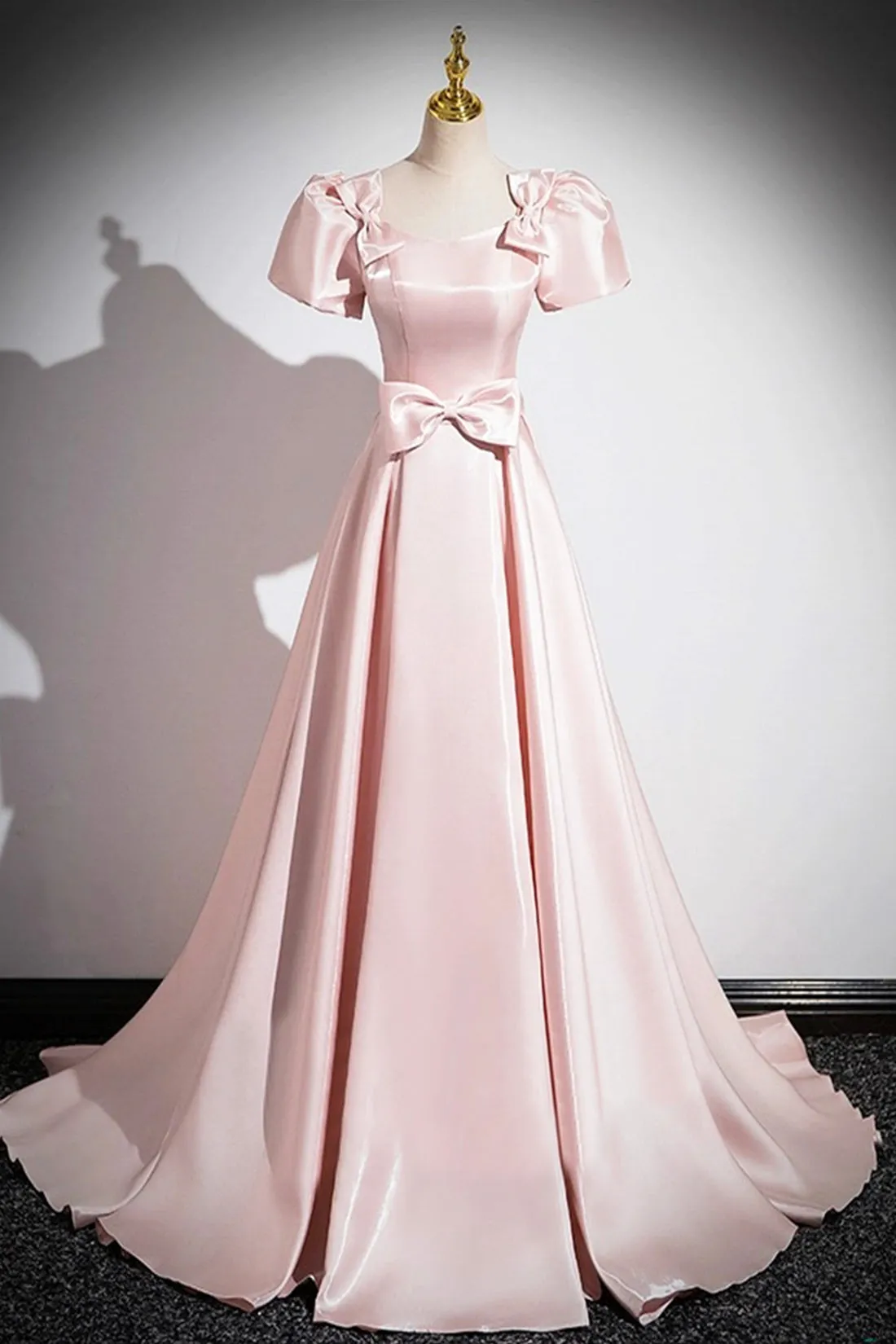 Pink Scoop Neckline Satin Floor Length Prom Dress, Pink Short Sleeve A-Line Party Dress