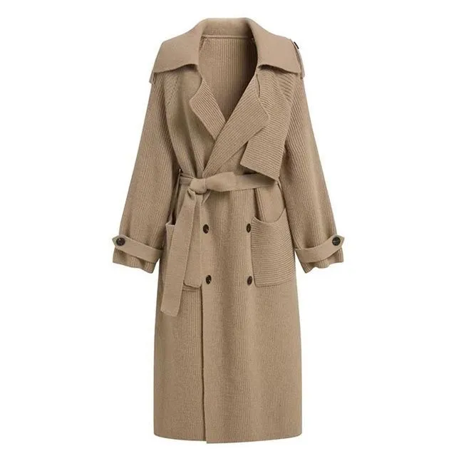 Plain Midi Knit Double-Breasted Trench Coat