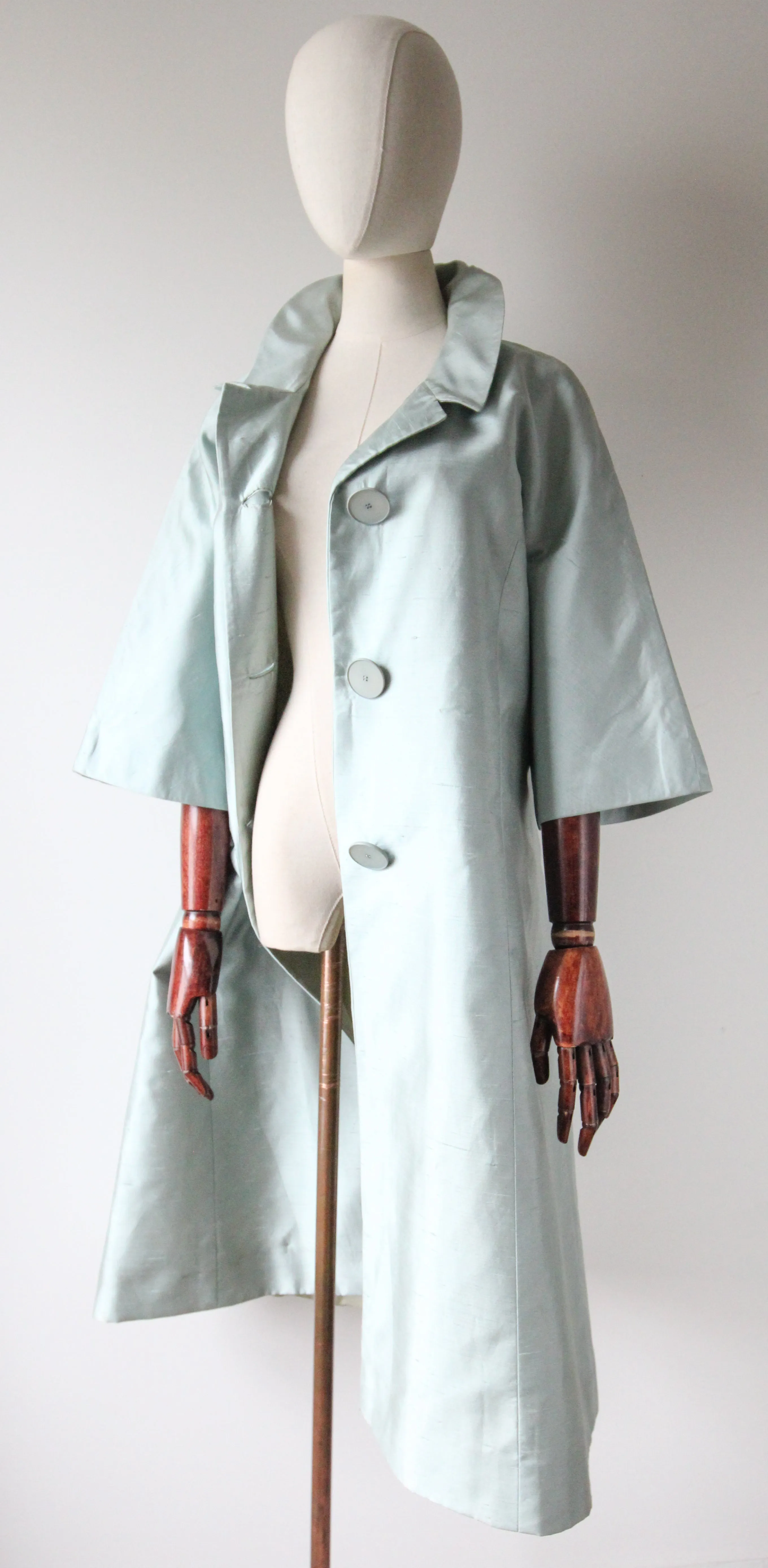 "Ice Blue Silk" Vintage 1950's Ice Blue Shantung Silk Coat UK 10-14 US 6-10