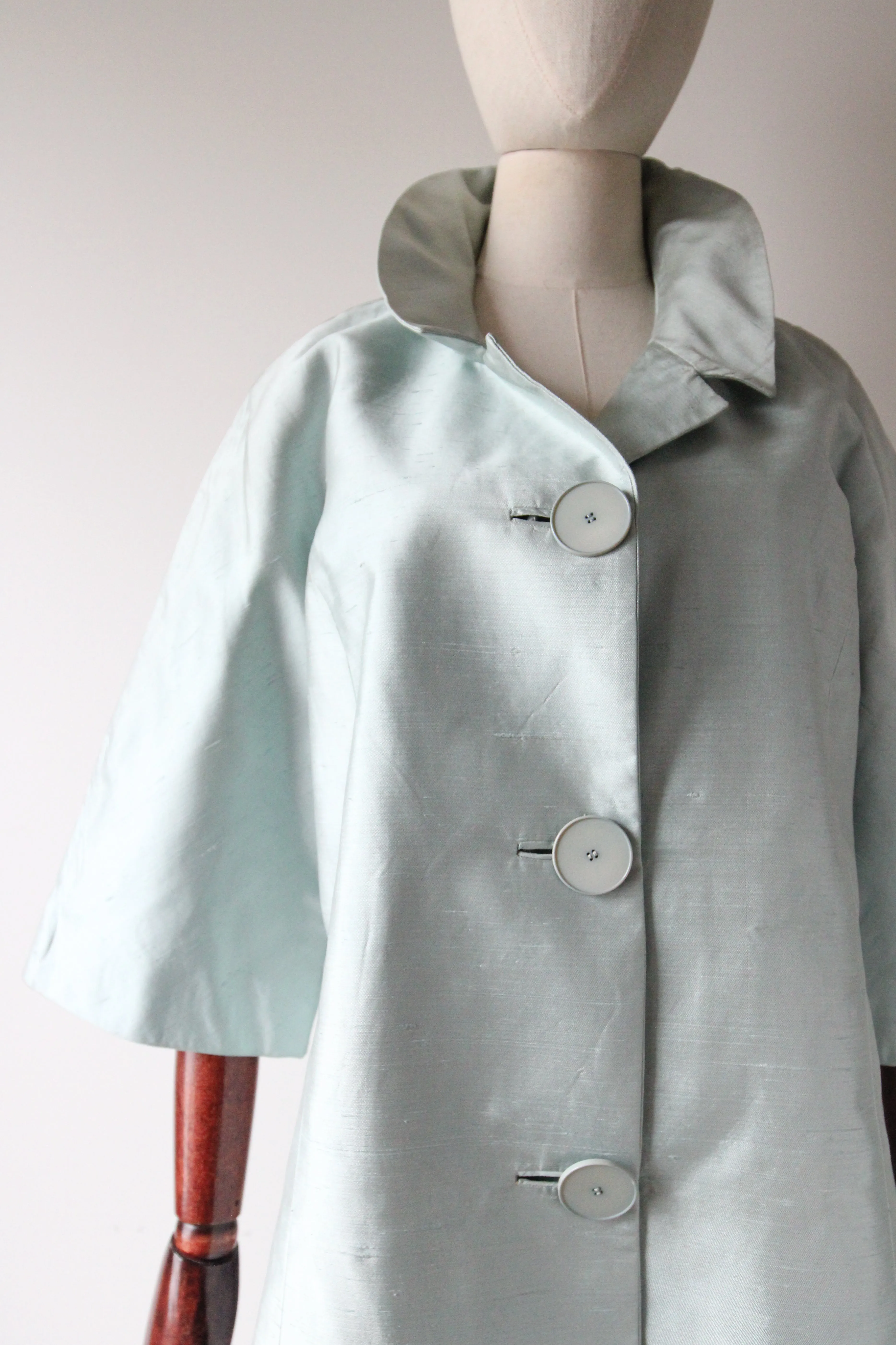 "Ice Blue Silk" Vintage 1950's Ice Blue Shantung Silk Coat UK 10-14 US 6-10