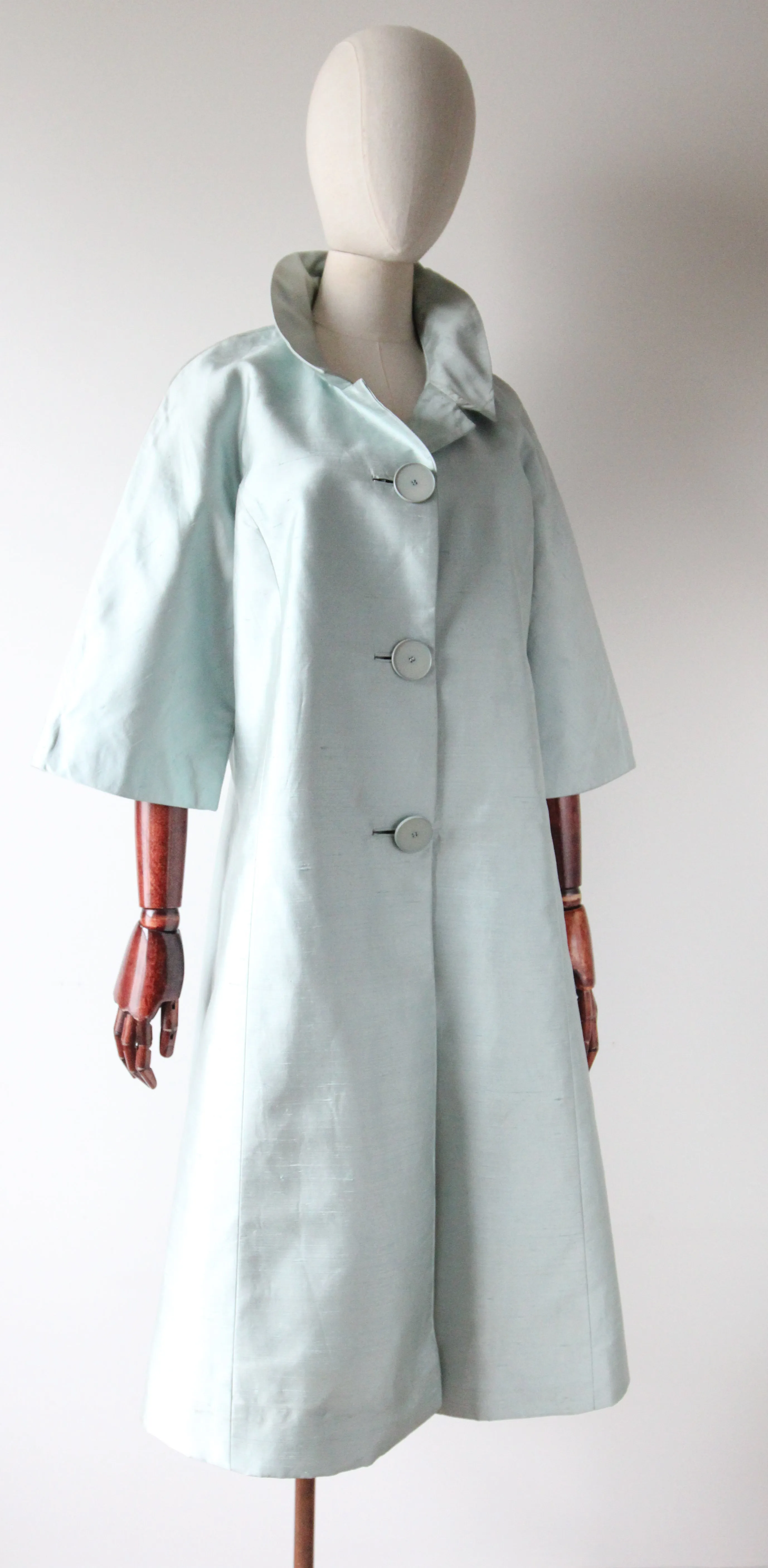 "Ice Blue Silk" Vintage 1950's Ice Blue Shantung Silk Coat UK 10-14 US 6-10