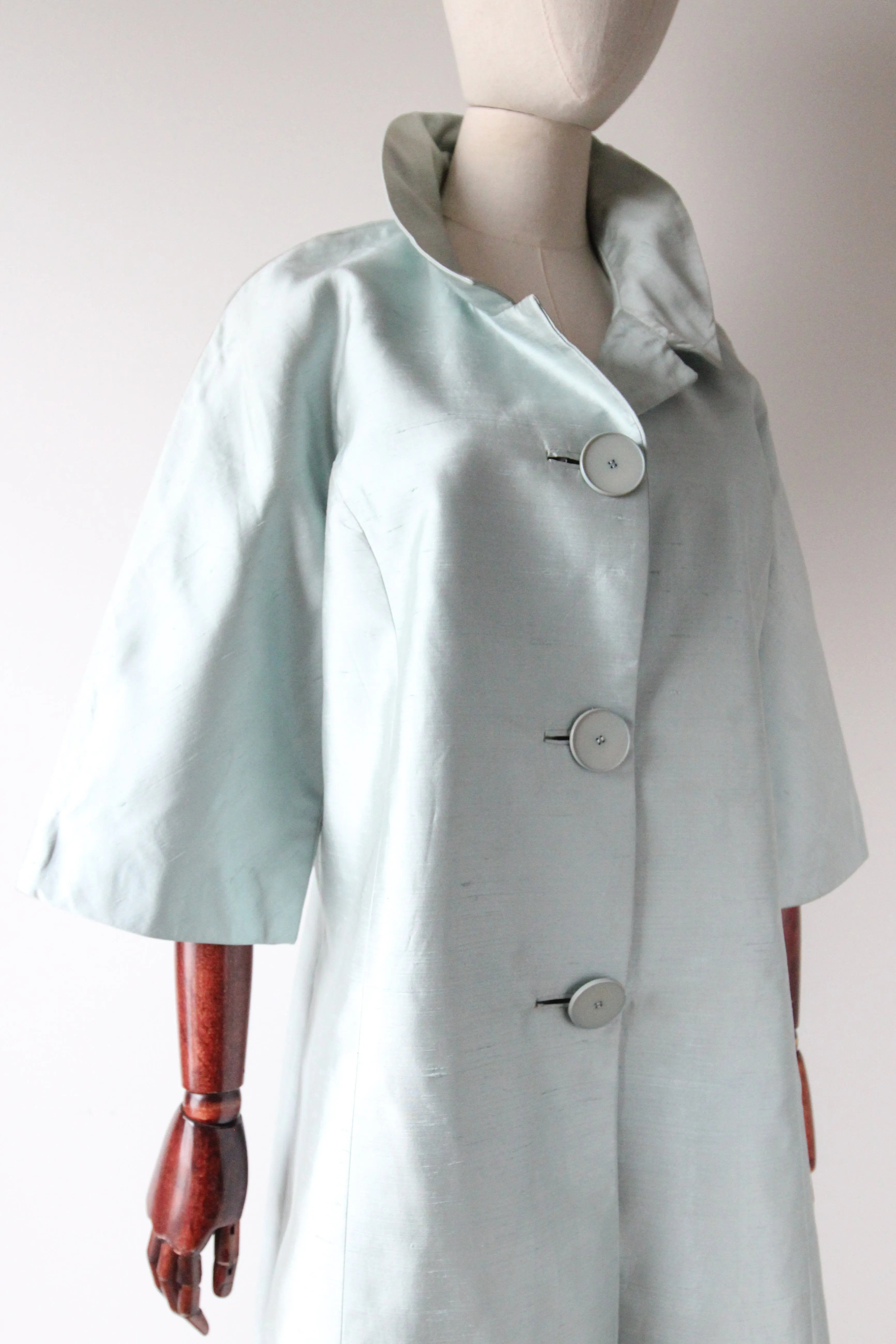 "Ice Blue Silk" Vintage 1950's Ice Blue Shantung Silk Coat UK 10-14 US 6-10
