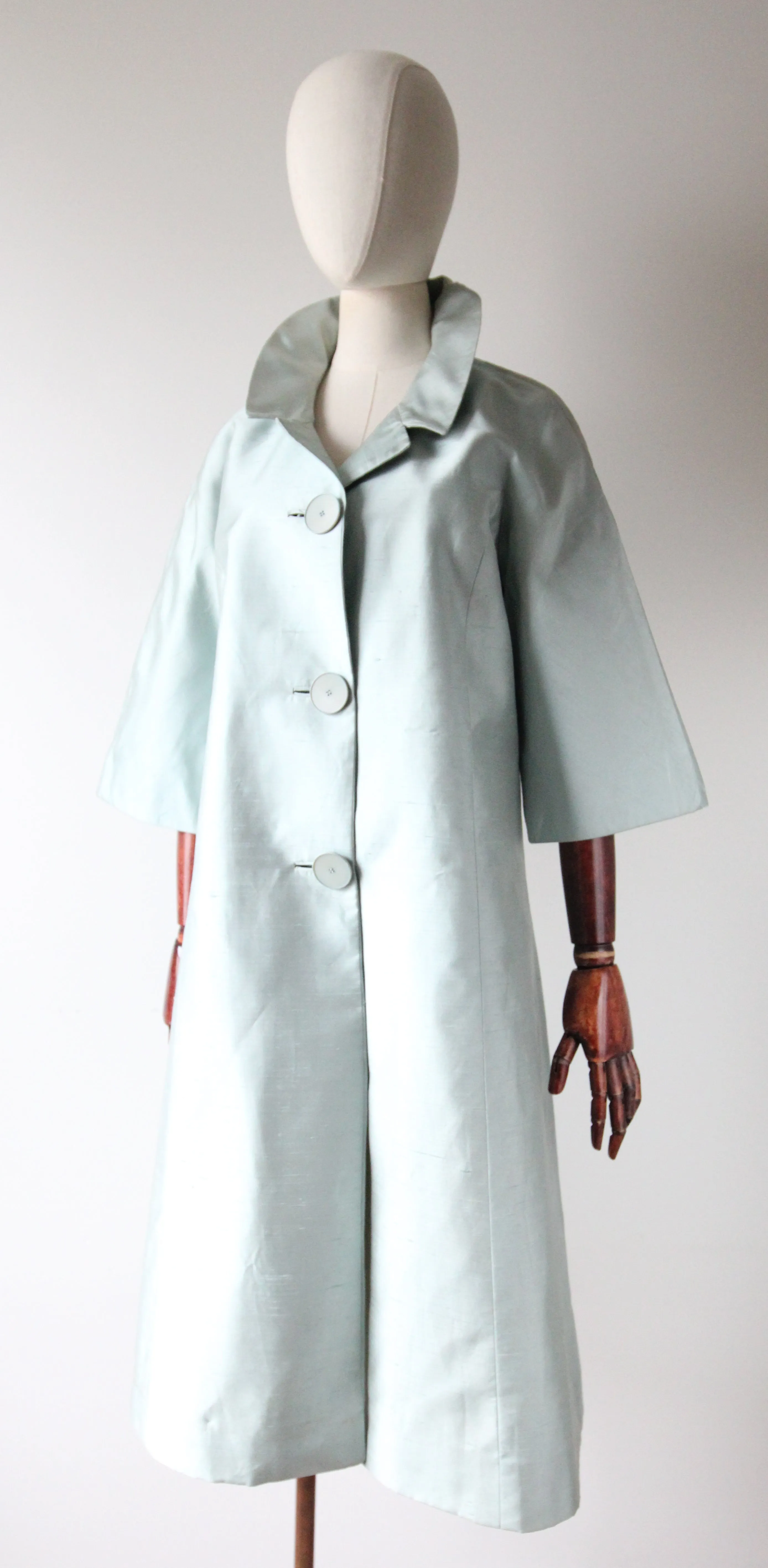 "Ice Blue Silk" Vintage 1950's Ice Blue Shantung Silk Coat UK 10-14 US 6-10