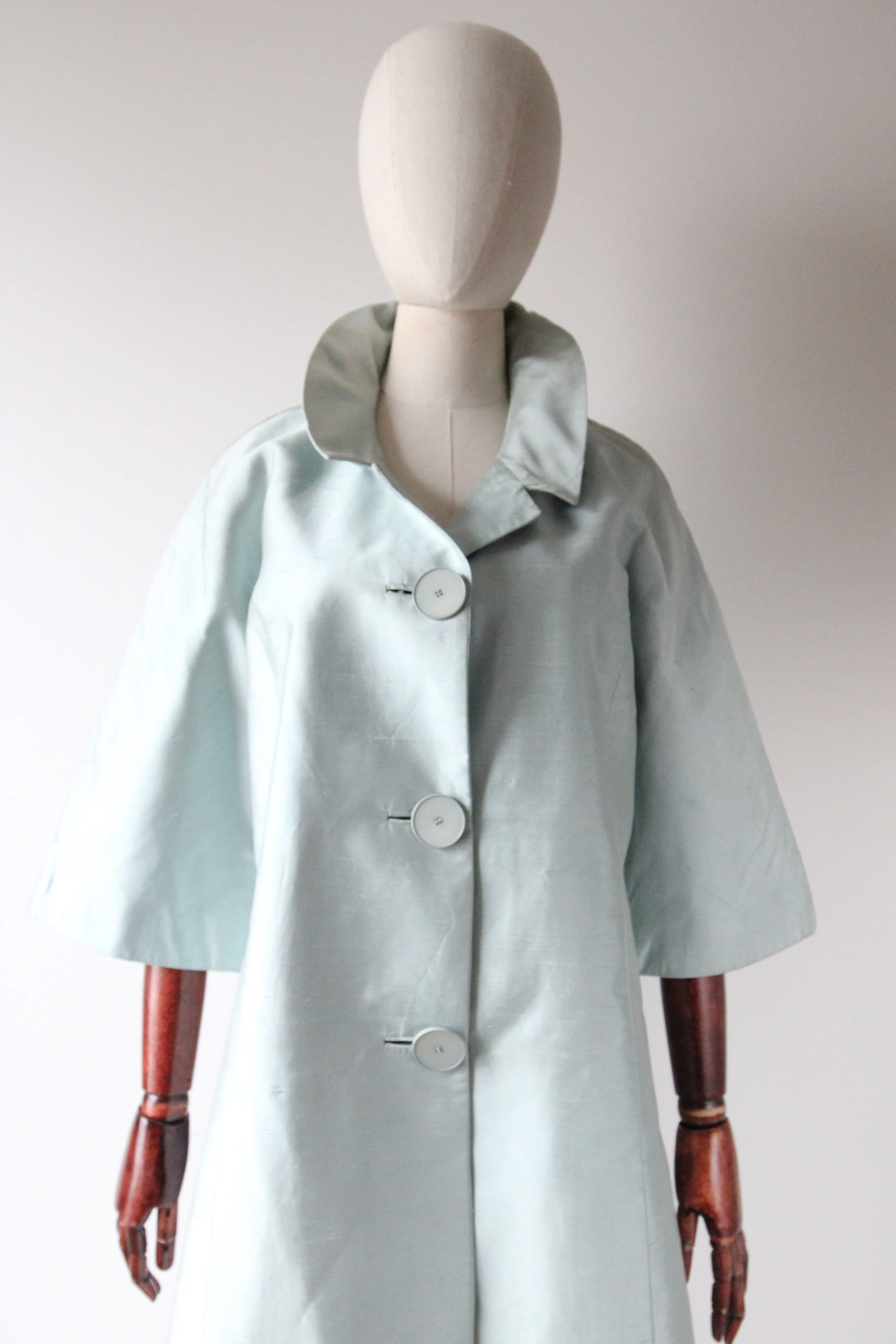 "Ice Blue Silk" Vintage 1950's Ice Blue Shantung Silk Coat UK 10-14 US 6-10