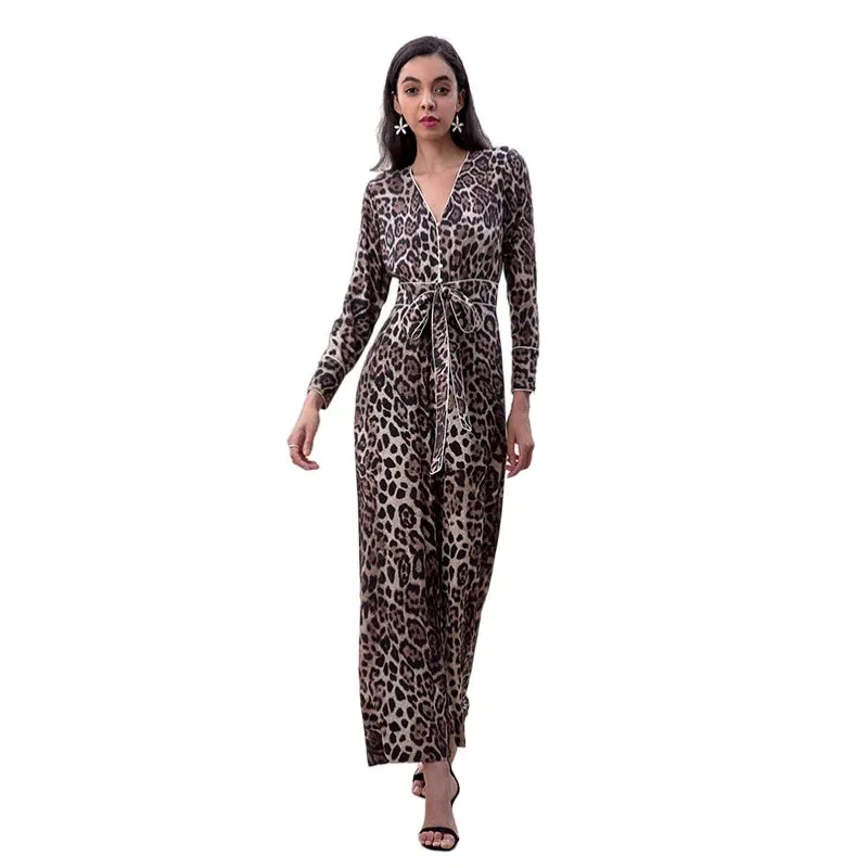 R171 Women leopard print long sleeves flare leg jumpsuit