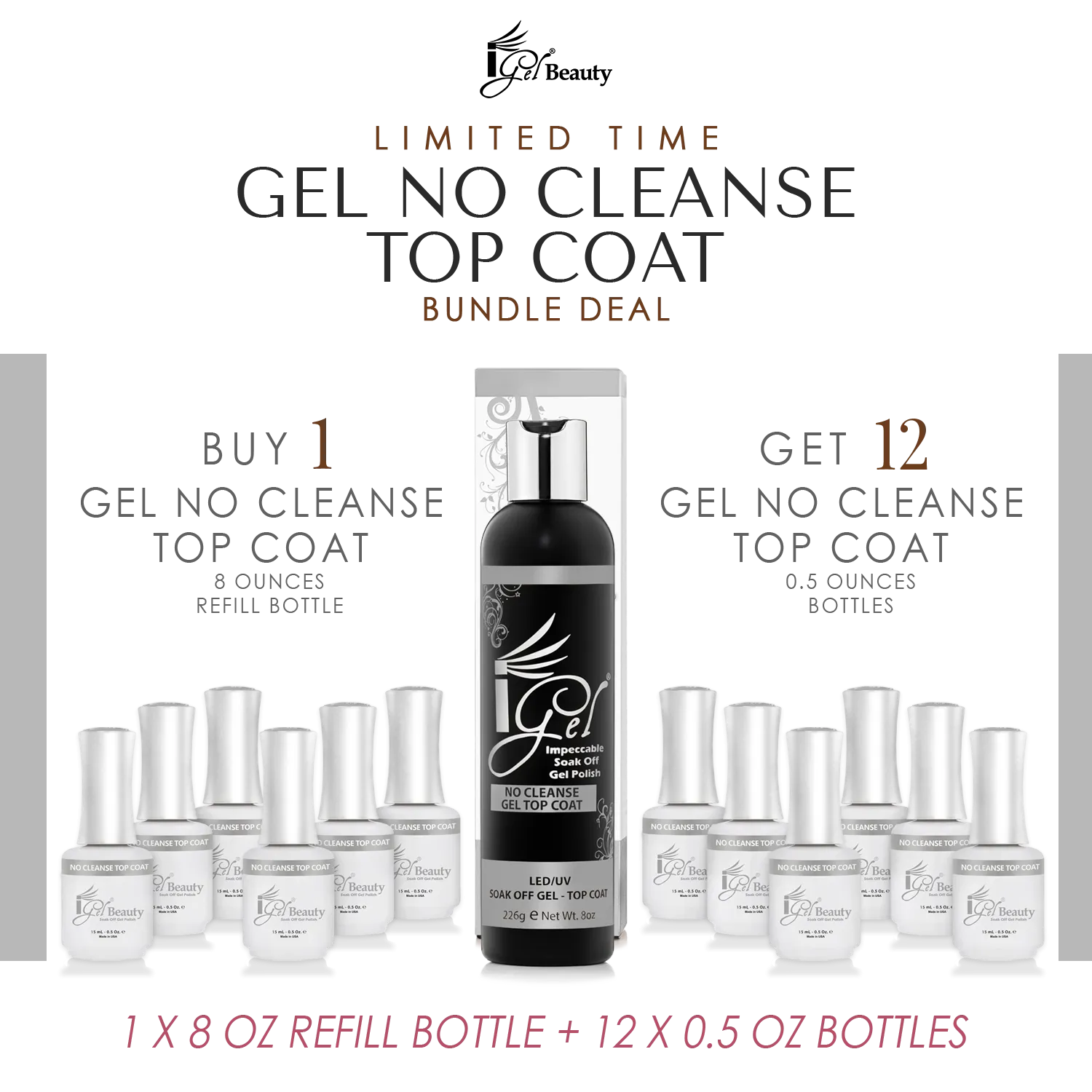 REFILL BUNDLE - IGEL NO CLEANSE TOP COAT - 8 OZ   12 FREE 0.5 OZ BOTTLES
