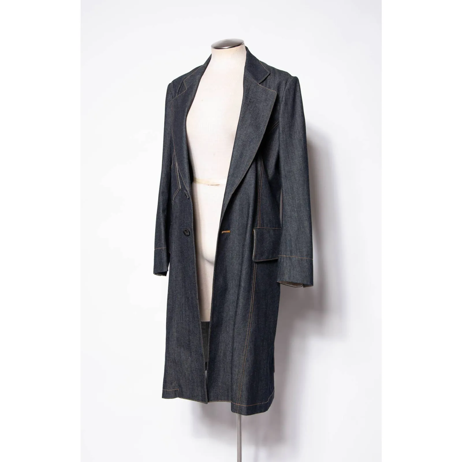 Regulation Yohji Yamamoto Coat Dark Blue Denim Cotton Duster Trench Coat SZ S/M
