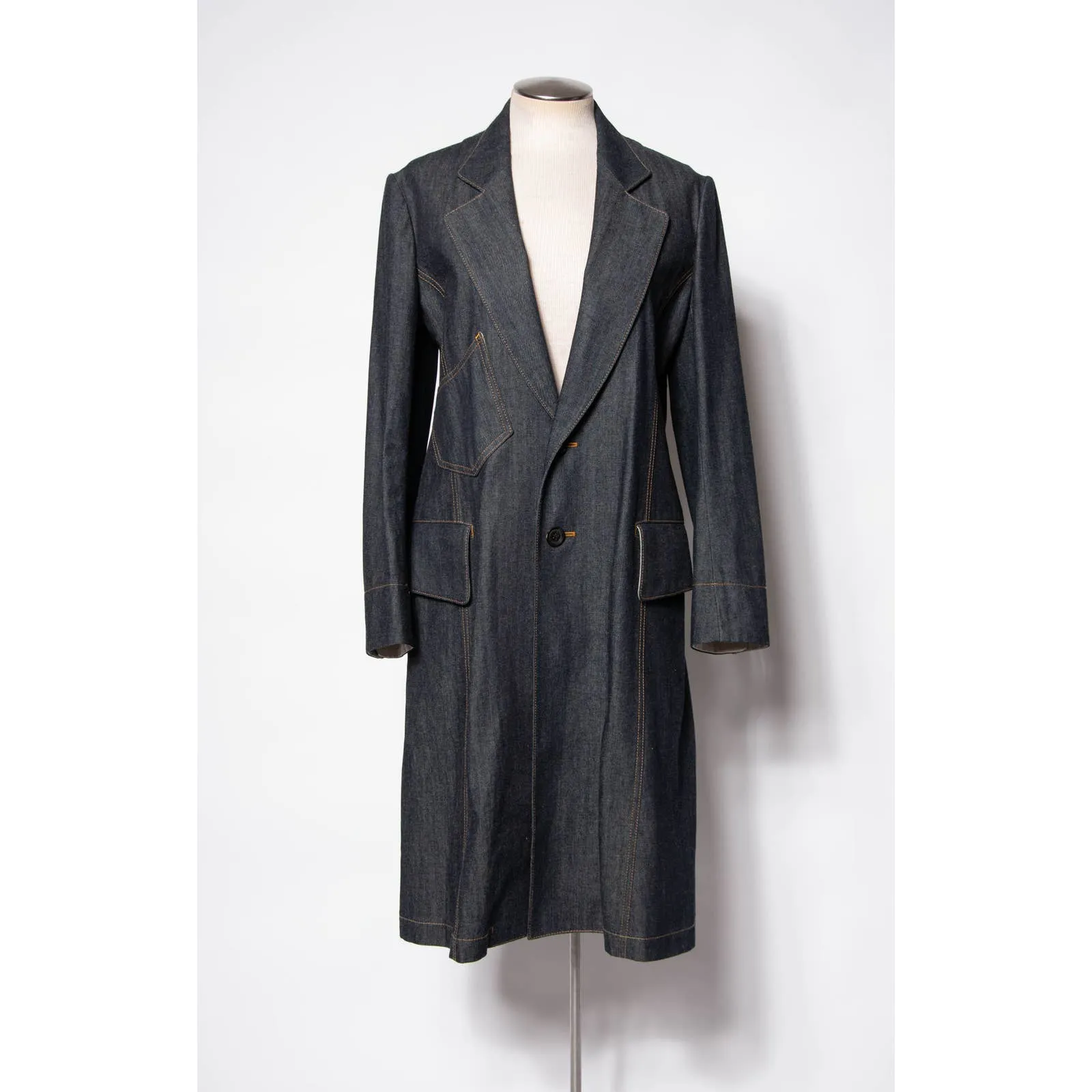 Regulation Yohji Yamamoto Coat Dark Blue Denim Cotton Duster Trench Coat SZ S/M