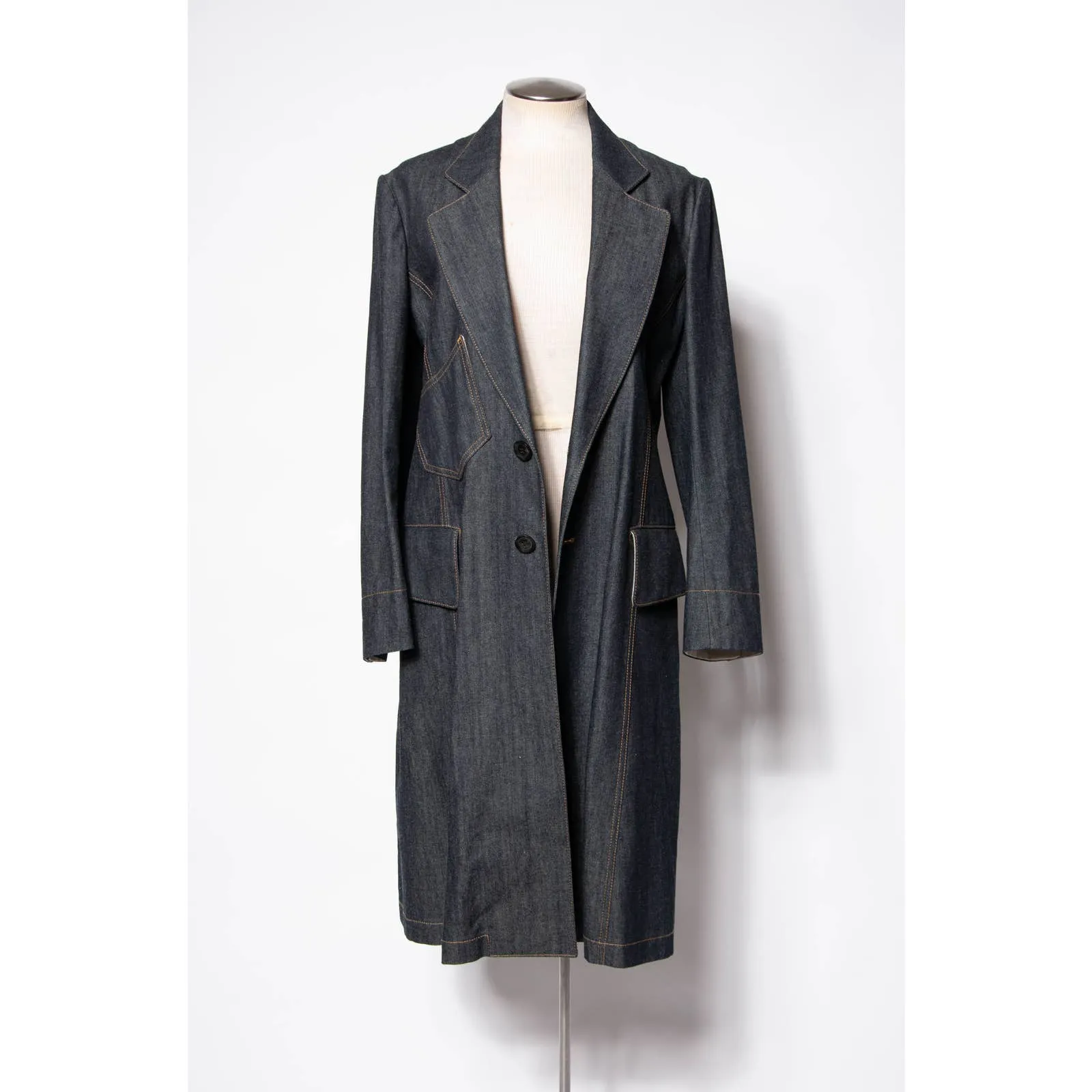 Regulation Yohji Yamamoto Coat Dark Blue Denim Cotton Duster Trench Coat SZ S/M