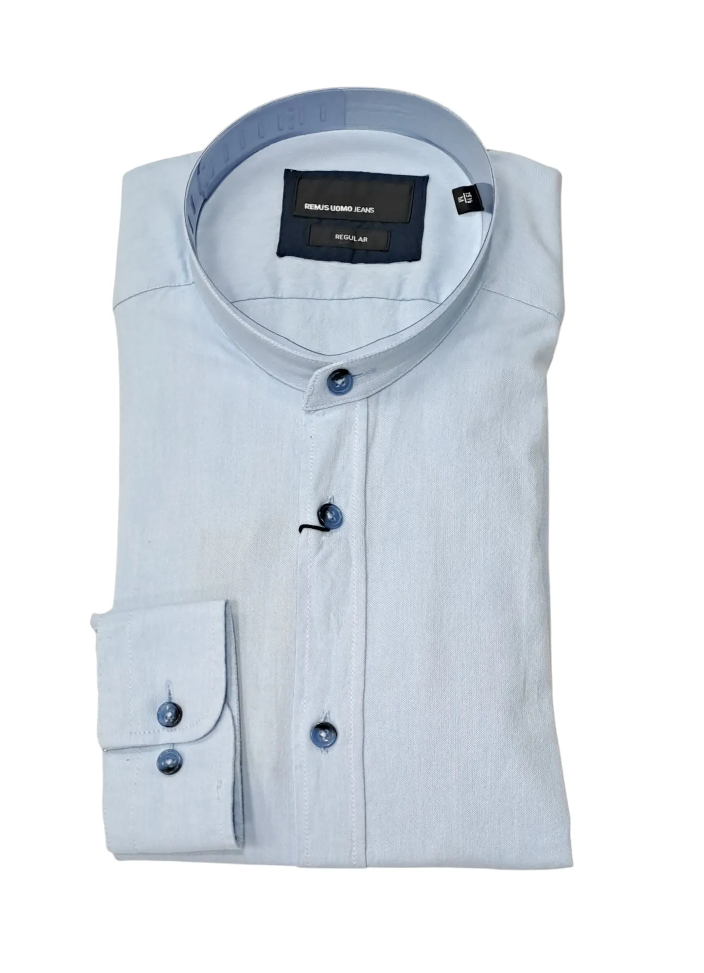 Remus Uomo Regular Fit Oxford Shirt With Grandfather Collar - Blue