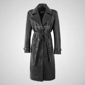 ROSA Ladies Leather Trench Coat Black Tie Belt 3/4 Length