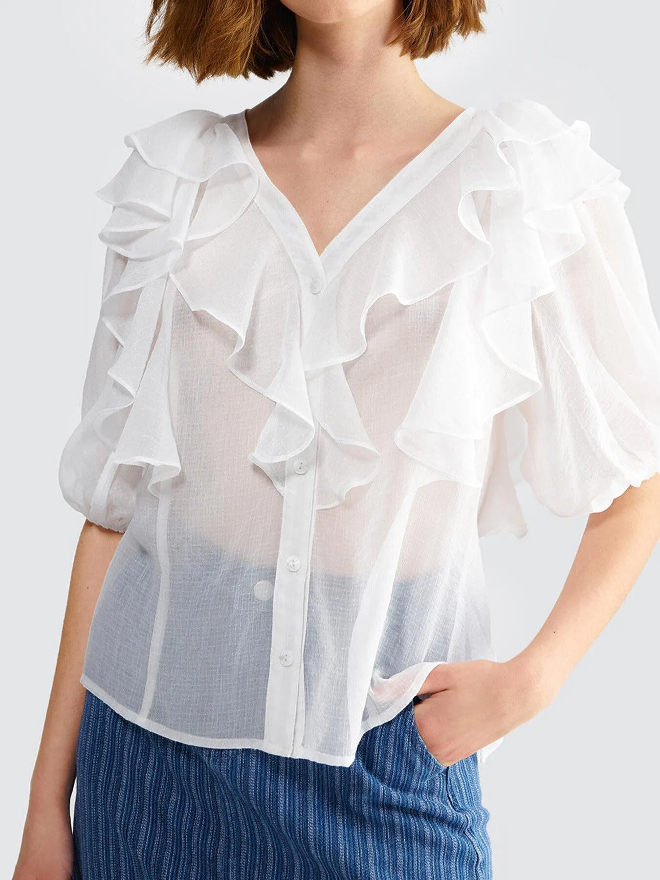 Ruffle Button Front Crepe Chiffon Blouse