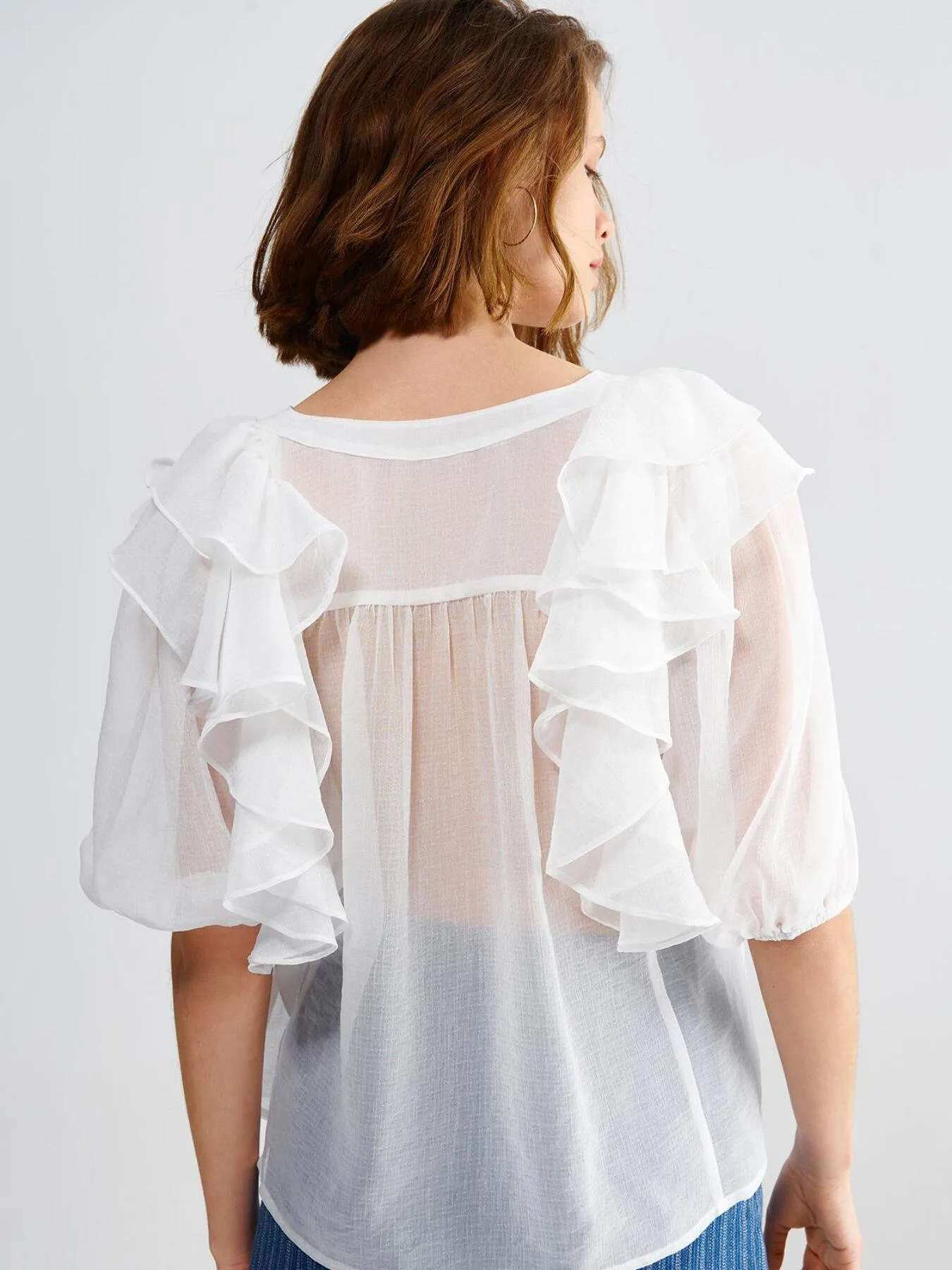 Ruffle Button Front Crepe Chiffon Blouse