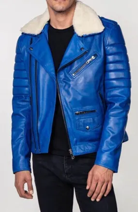 Runnry Genuine Fur Collar Leather Jacket Men Blue Biker Motorcycle