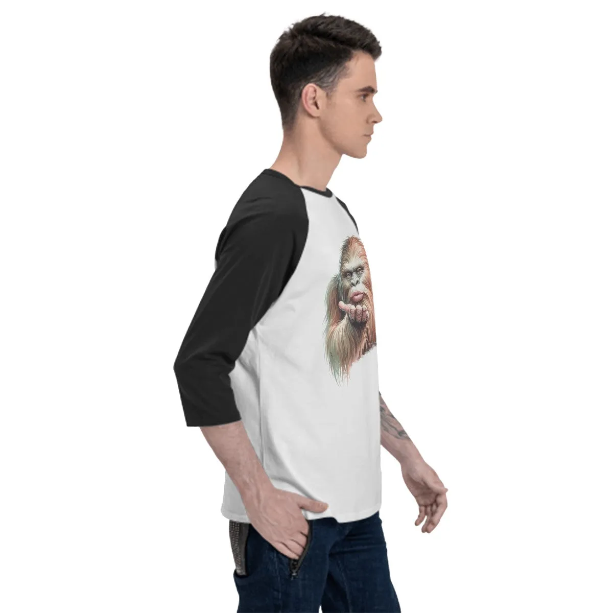 Sasquatch Bigfoot Female Blow Kiss 3/4 Sleeve Baseball Shirt