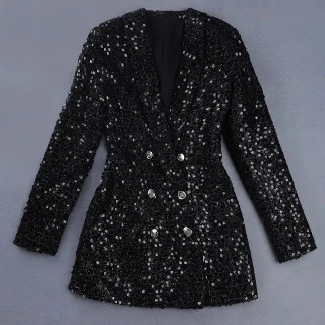 Sequined Black Blazer with Button Shawl Collar