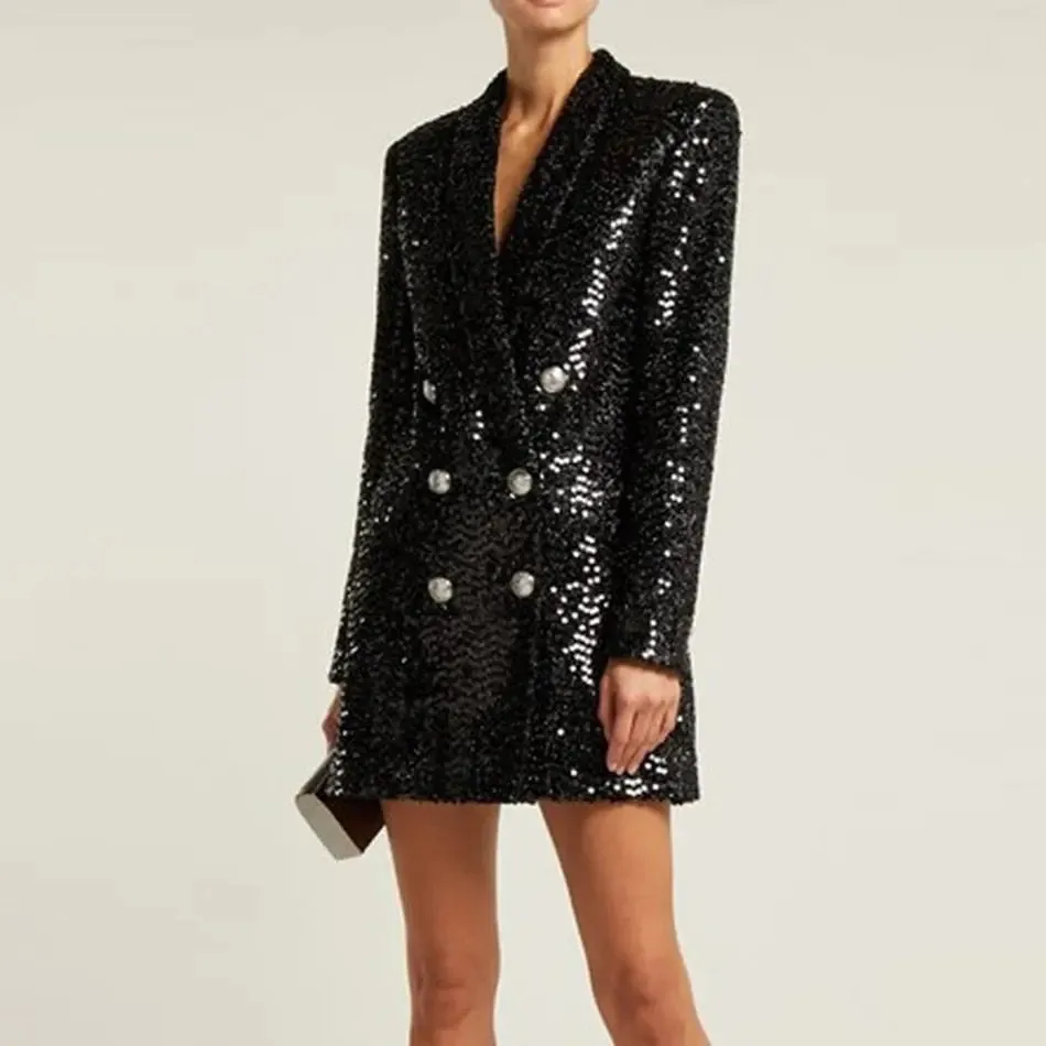 Sequined Black Blazer with Button Shawl Collar