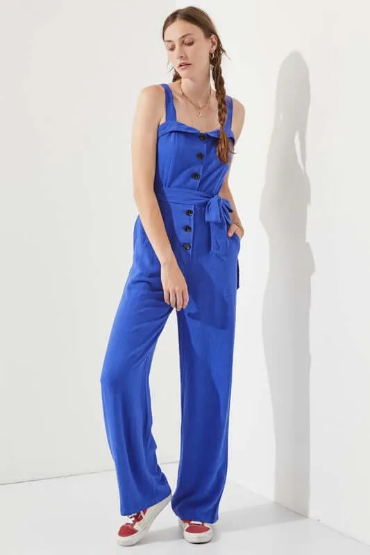 Sleeveless Adjustable Strap Button Down Jumpsuit
