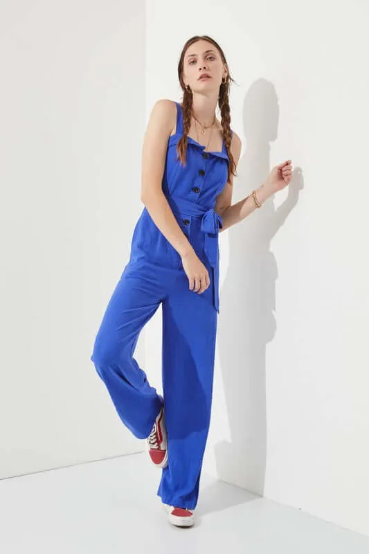 Sleeveless Adjustable Strap Button Down Jumpsuit
