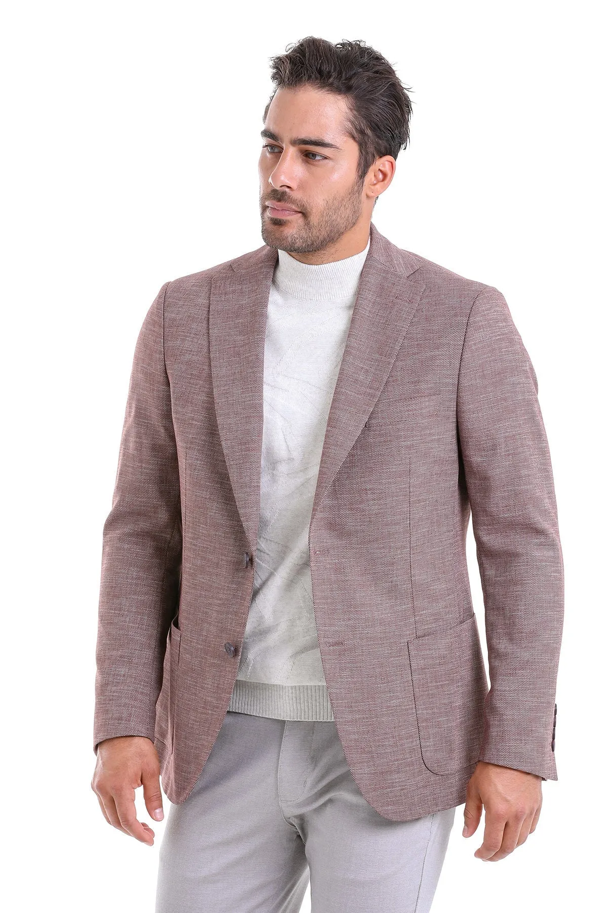 Slim Fit Notch Lapel Burgundy Linen Casual Blazer