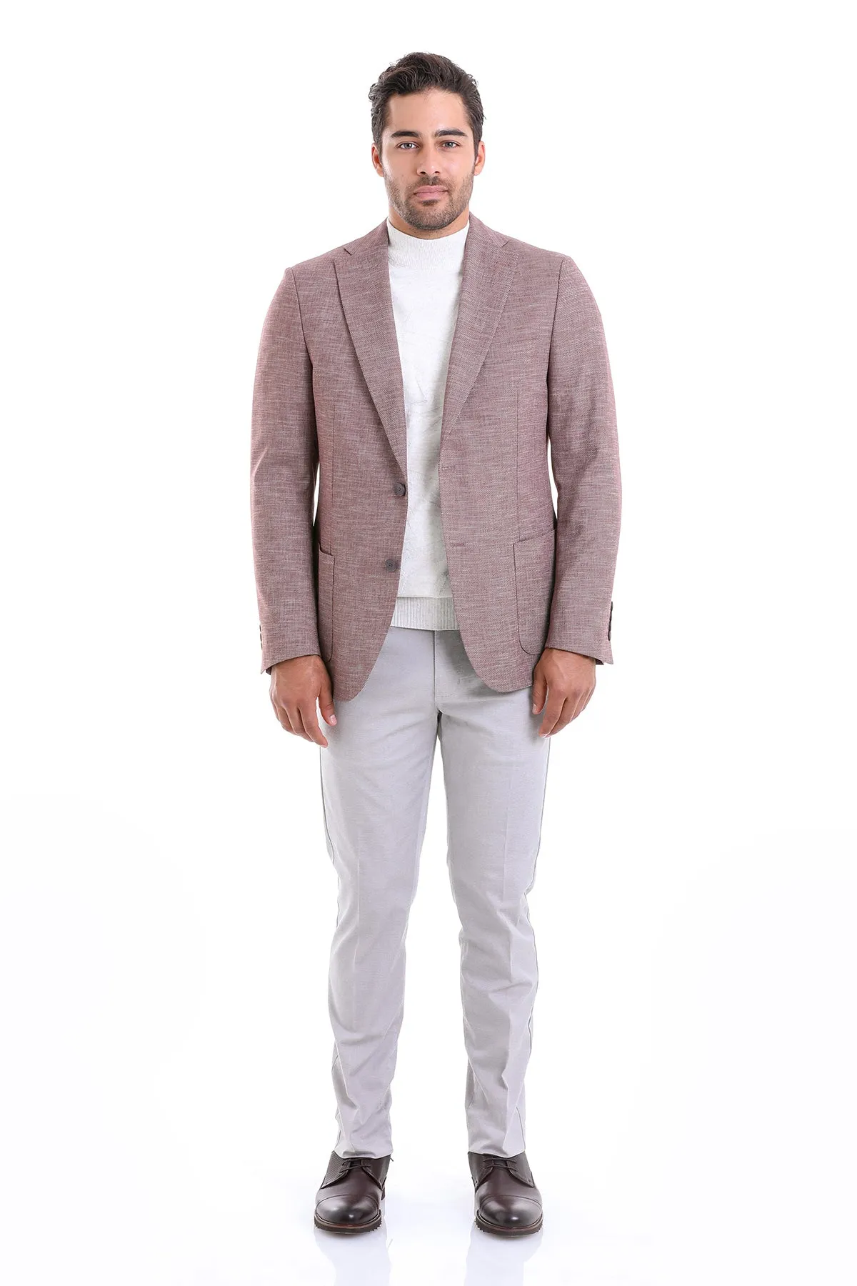 Slim Fit Notch Lapel Burgundy Linen Casual Blazer