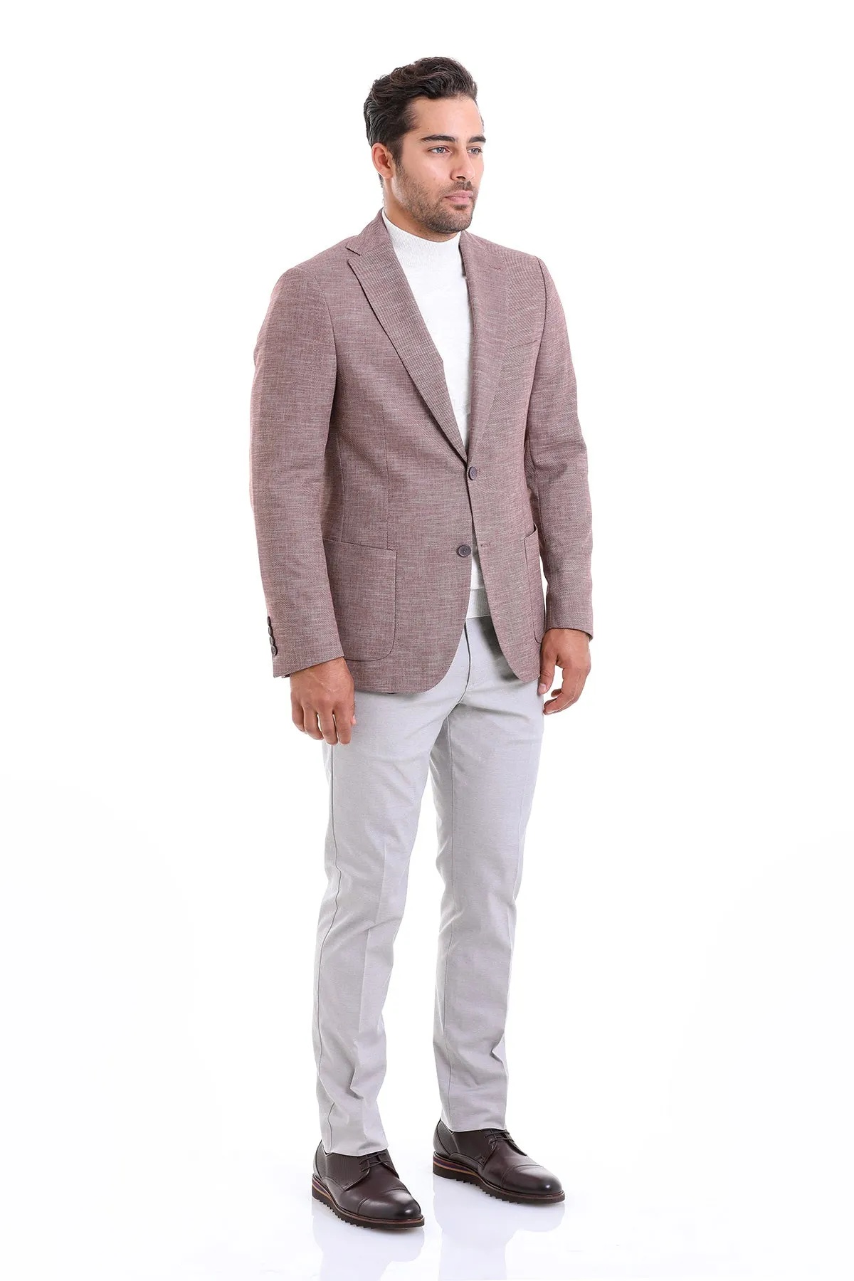 Slim Fit Notch Lapel Burgundy Linen Casual Blazer