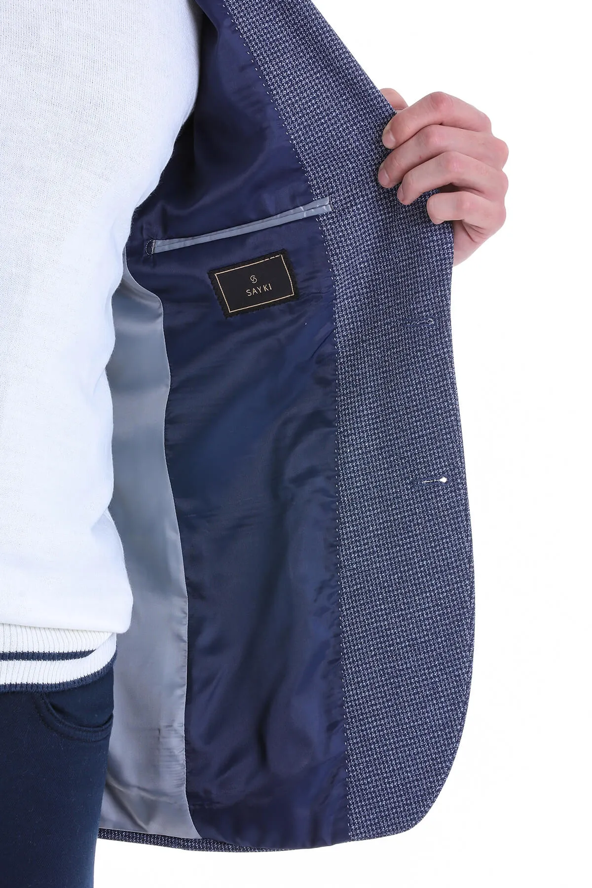 Slim Fit Notch Lapel Navy Houndstooth Casual Blazer
