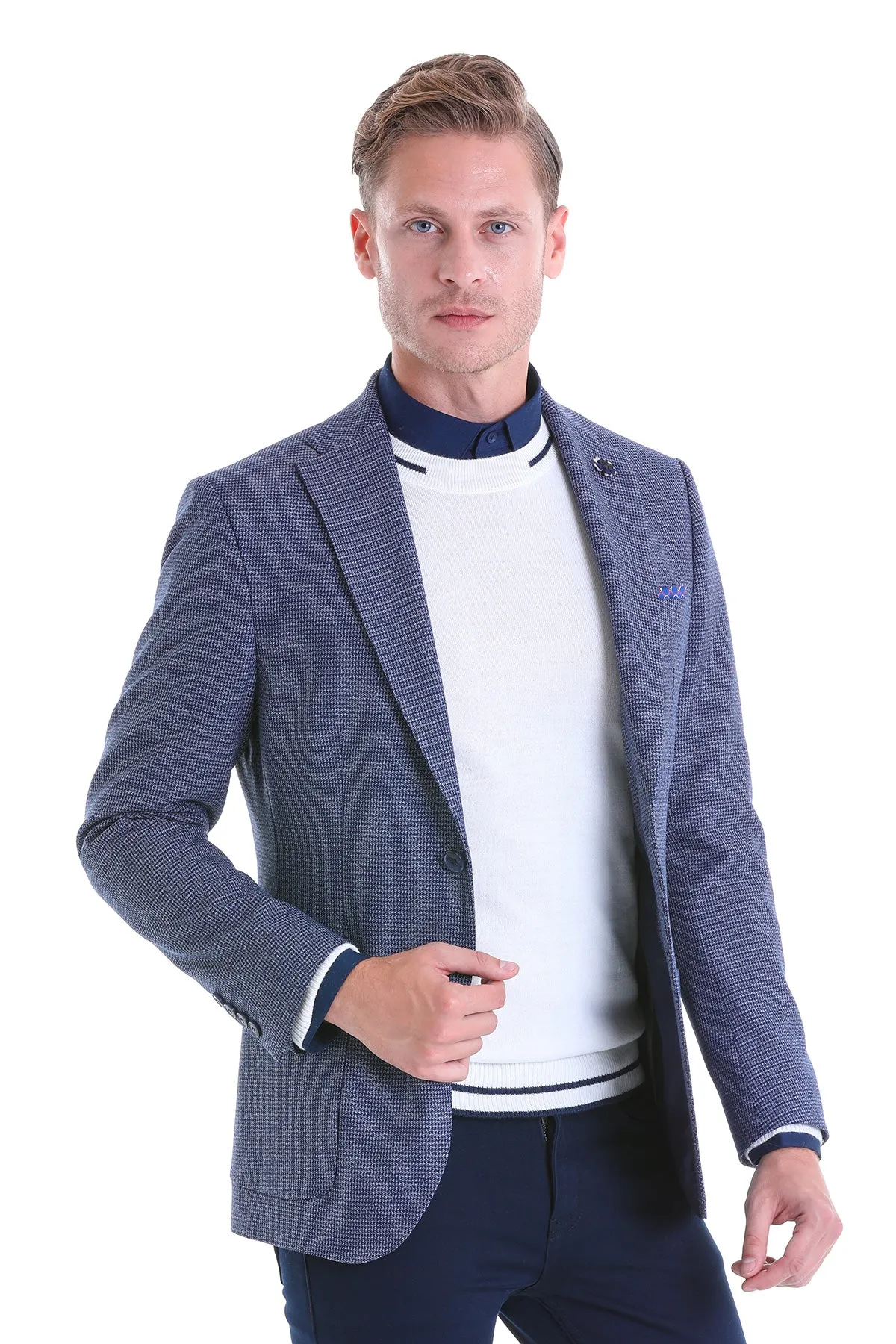 Slim Fit Notch Lapel Navy Houndstooth Casual Blazer