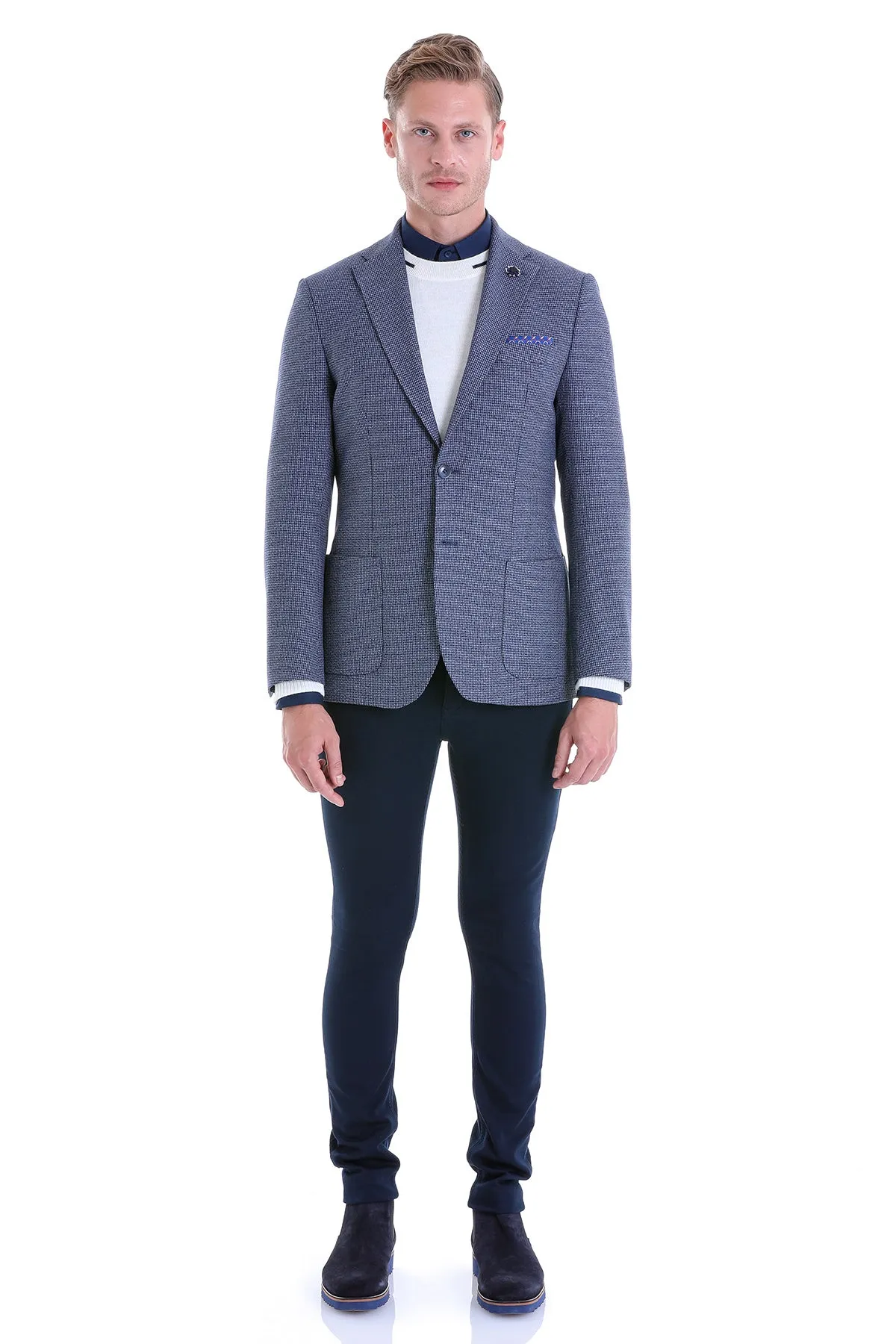 Slim Fit Notch Lapel Navy Houndstooth Casual Blazer