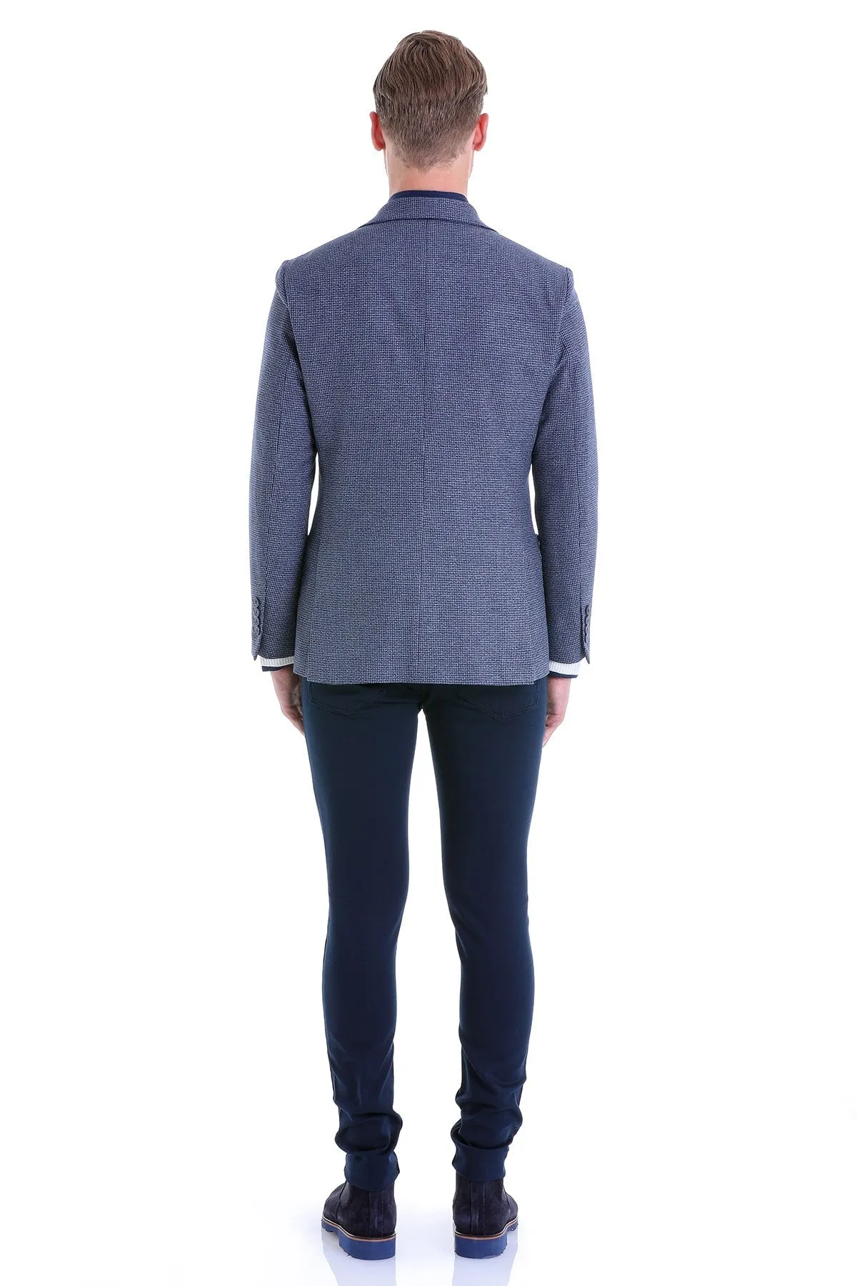 Slim Fit Notch Lapel Navy Houndstooth Casual Blazer