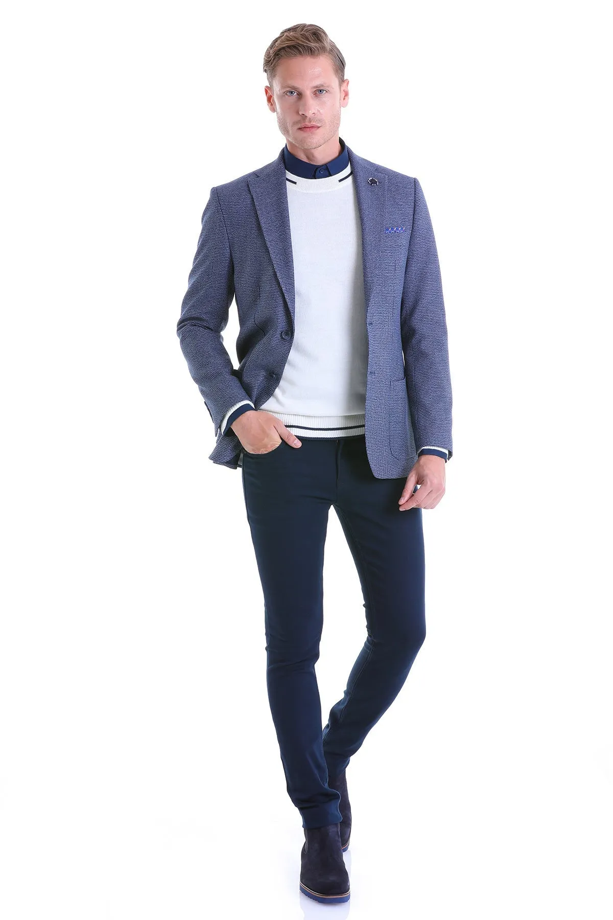 Slim Fit Notch Lapel Navy Houndstooth Casual Blazer